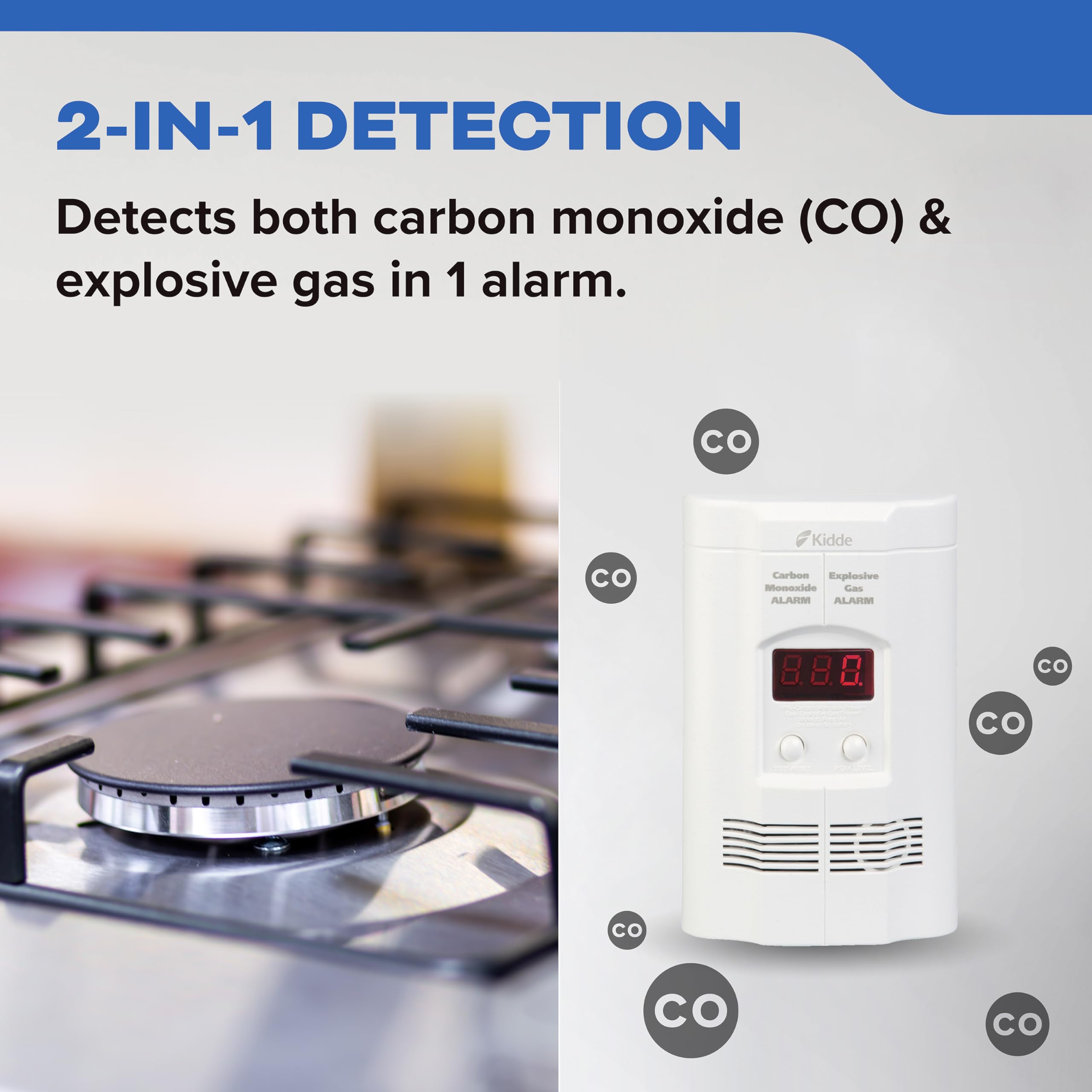 Kidde Carbon Monoxide + Explosive Gas, Natural Gas & Propane Alarm, Plug-in with 9V Battery Backup, Digital Display, 85 dB Alarm, LED Status Indicators, 3rd Edition