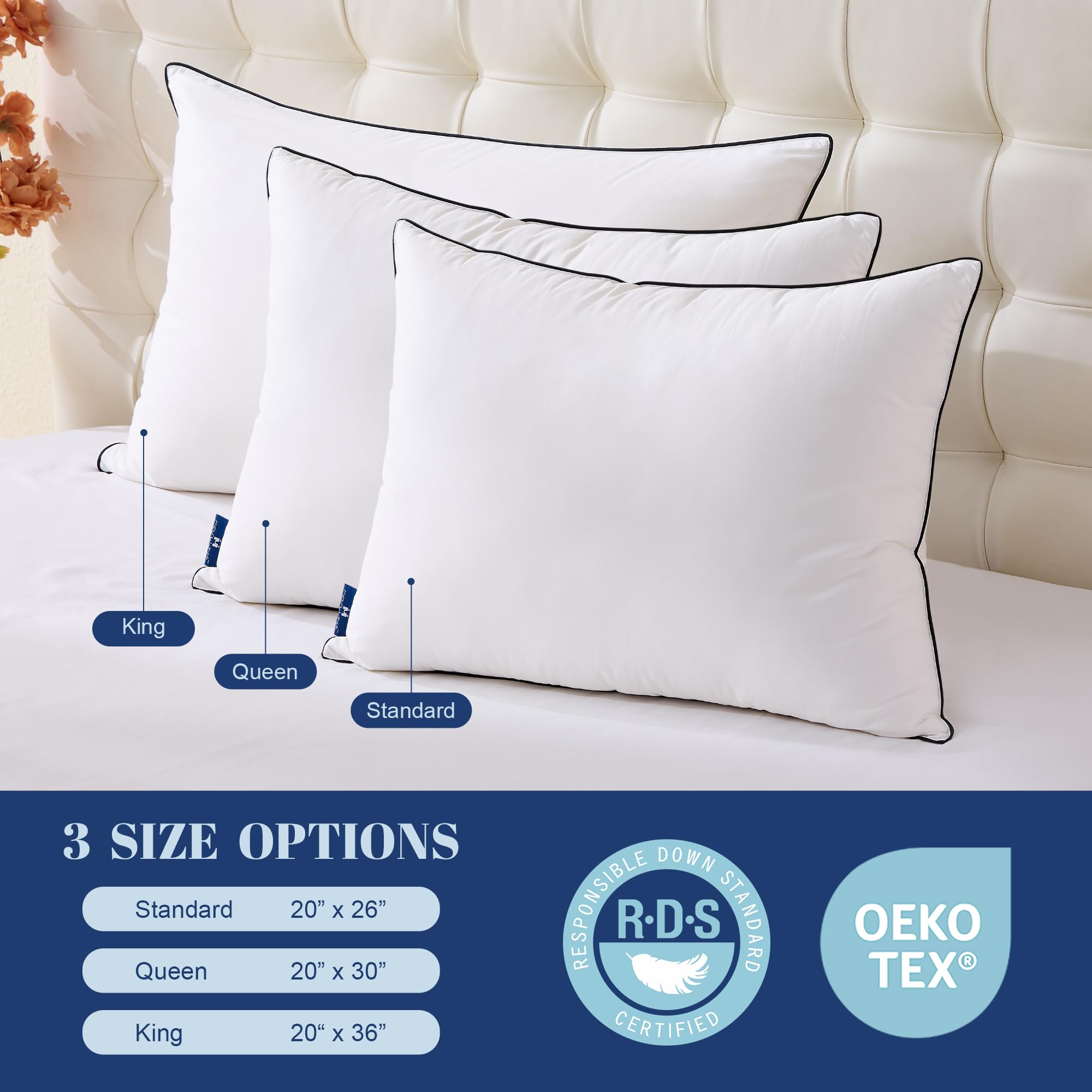 Feather Down Pillows Standard Size Set of 2, Luxury Hotel Collection Bed Pillow 2 Pack, Airyfil™ Powered Fillings & Feathers Pillow，Fluffy Plush for Side Sleepers,Firm, 20x26 in.