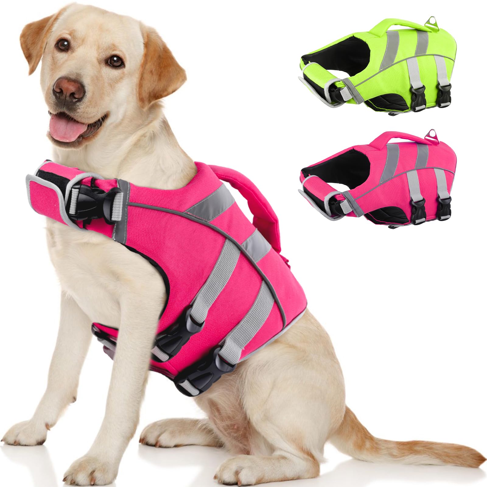 Kuoser Dog Life Jacket with Reflective Stripes, Dog Life Vest for Swimming Boating, Adjustable Pet Lifejackets with High Flotation, Doggie Swimsuit for Small Medium Large Dogs
