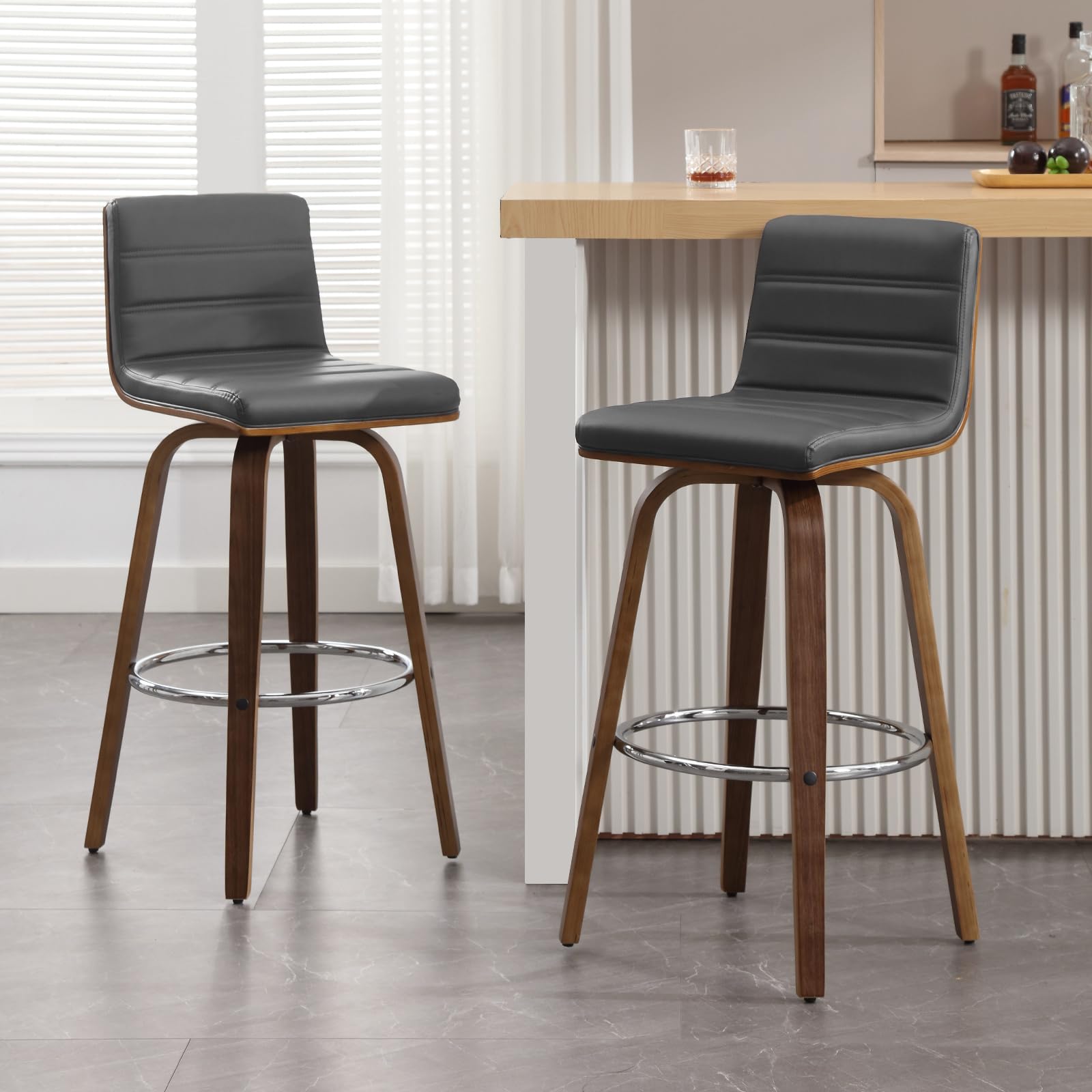 Bar Stools 29 Inch Bar Height, Swivel Bar Stools with Backs Upholstered PU Leather Barstool, L Shape Back and Padded Seat, Mid-Century Modern Bar Stool Pub Chairs for Kitchen Counter Island, Black