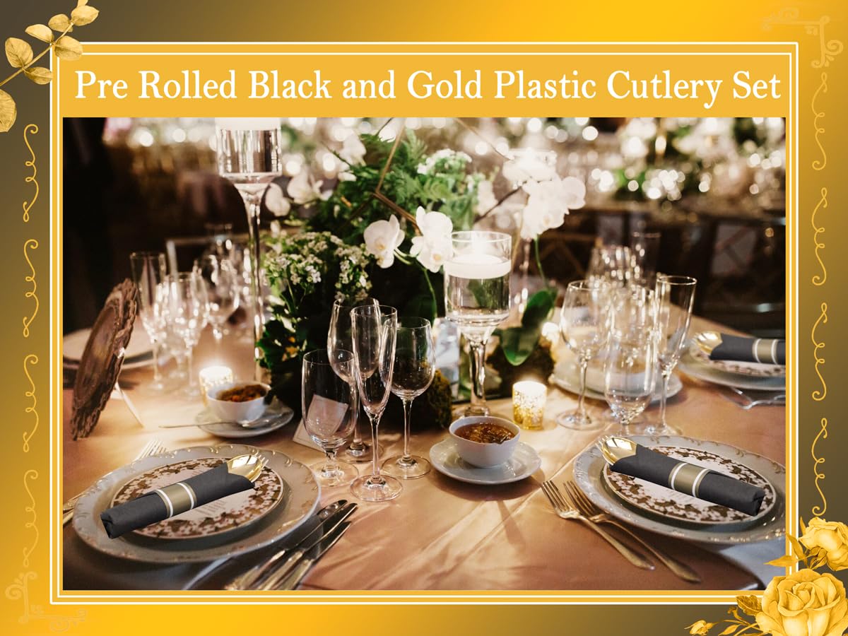 Supernal 60 Pack Pre Rolled Gold Plastic Silverware with Black Napkins - Heavy Duty Pre Wrapped Gold Cutlery Set Disposable - Elegant Plastic Forks, Spoons & Knives for Weddings, Parties, Catering