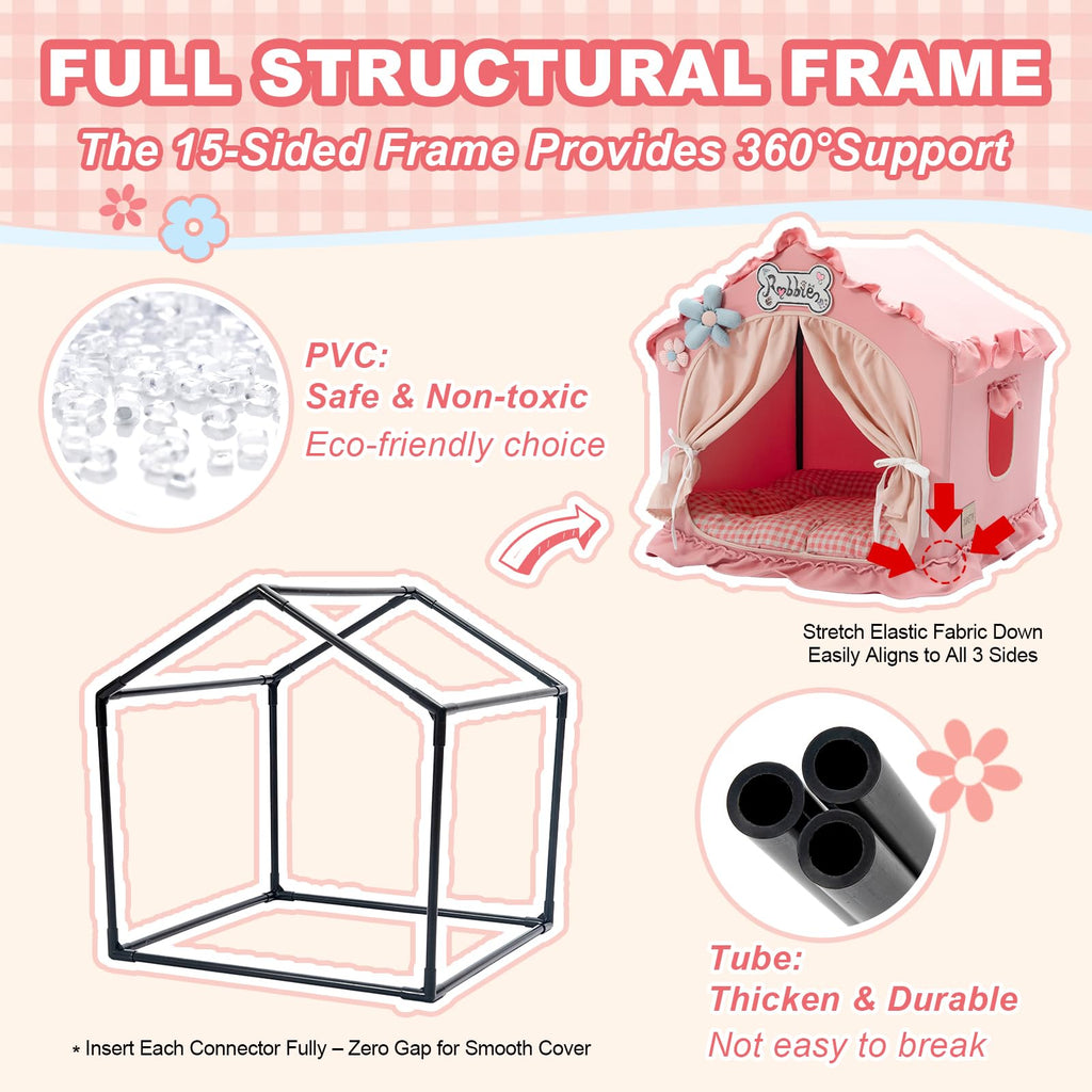Jiupety Indoor Dog House with Frame, Cute Dog Tent Bed with Cover Cave, Breathable, Washable, and Foldable House, Suitable for 10-20 Lb Puppy and Cats, Medium (17"×17"×17"), Beige