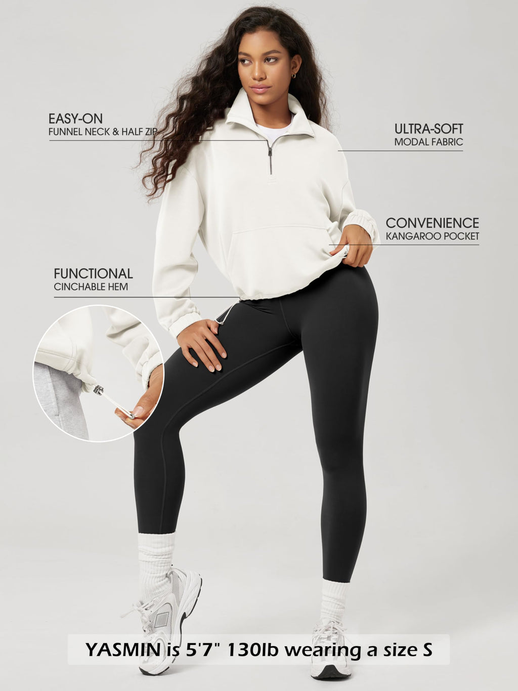 ODODOS Women's Modal Soft Cinchable Sweatshirts Half Zipper Funnel Neck Oversize Pullover with Pockets
