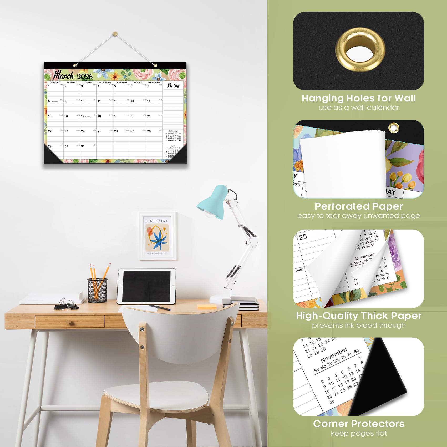 Desk Calendar 2026-2027, 21-Month Calendar Runs Until June 2027, Large 17" x 12" Monthly Desktop & Wall Calendar for Home & Office - Floral