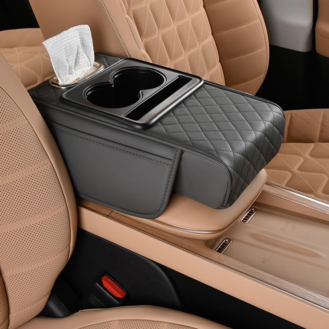 Car Armrest Cushion,5-in-1 Center Console Cover with 2 Storage Bags Cup Holder, Tissue Box Slot, Phone Slot for Sedans, Car Accessories Interior Organizers (Beige)