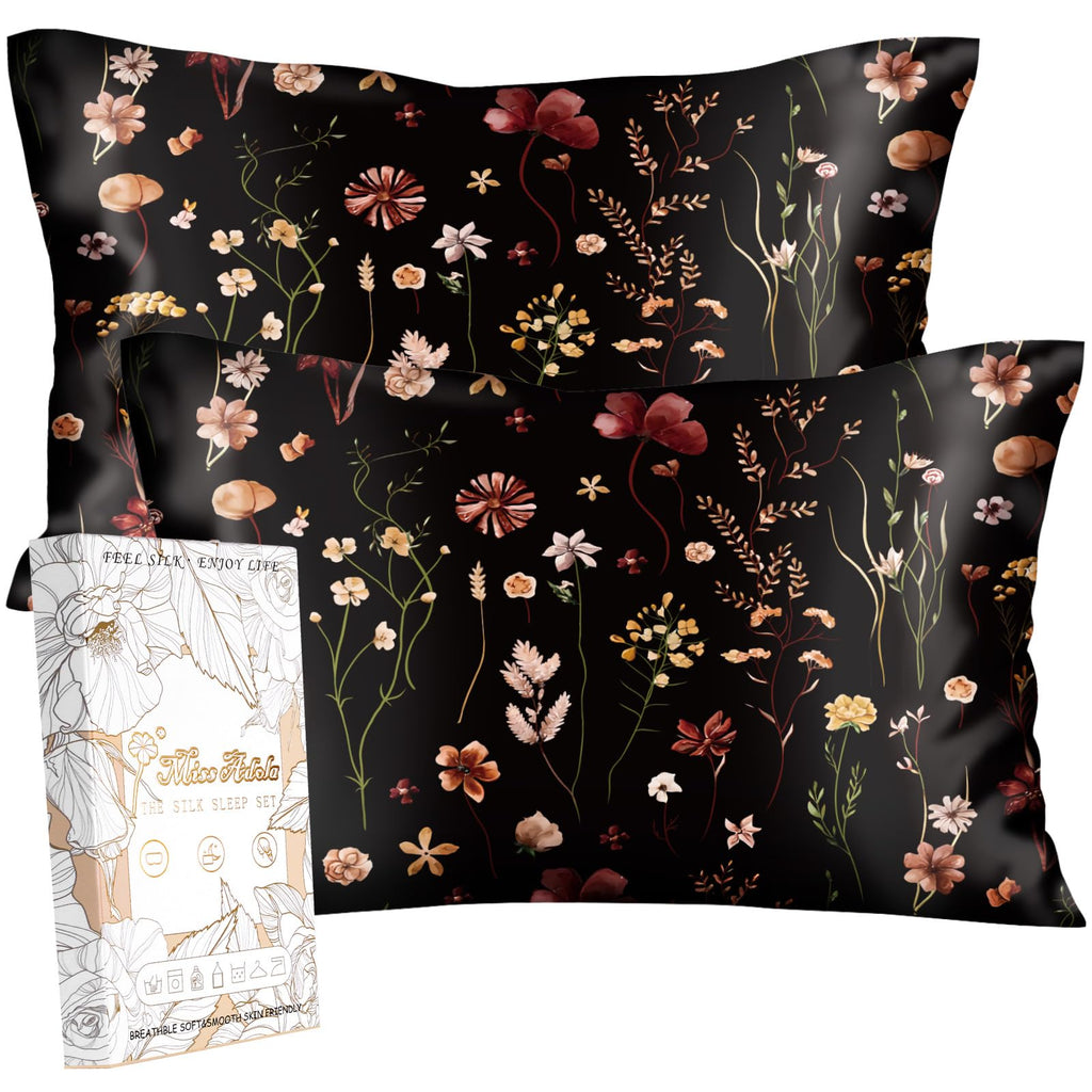 Miss Adola 2 Pack Mulberry Silk Pillowcase for Hair and Skin - Standard Size 20 x 26 Inches with Hidden Zipper Beige Flower 19 Momme Soft Sleeping Silk Pillow Case for Women, Moms