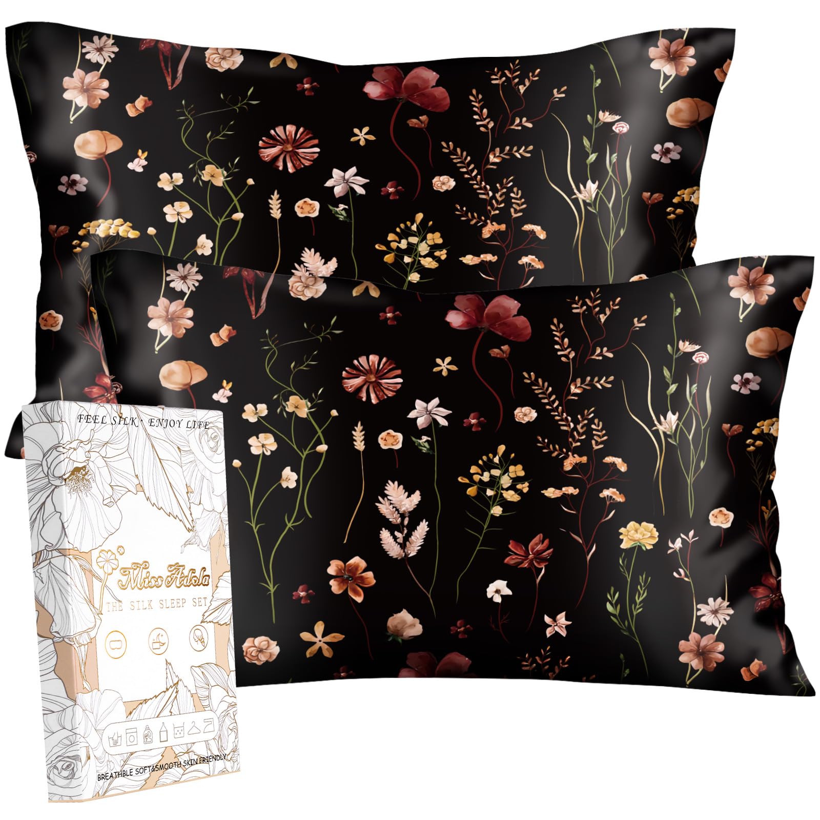 Miss Adola 2 Pack Mulberry Silk Pillowcase for Hair and Skin - Standard Size 20 x 26 Inches with Hidden Zipper Beige Flower 19 Momme Soft Sleeping Silk Pillow Case for Women, Moms