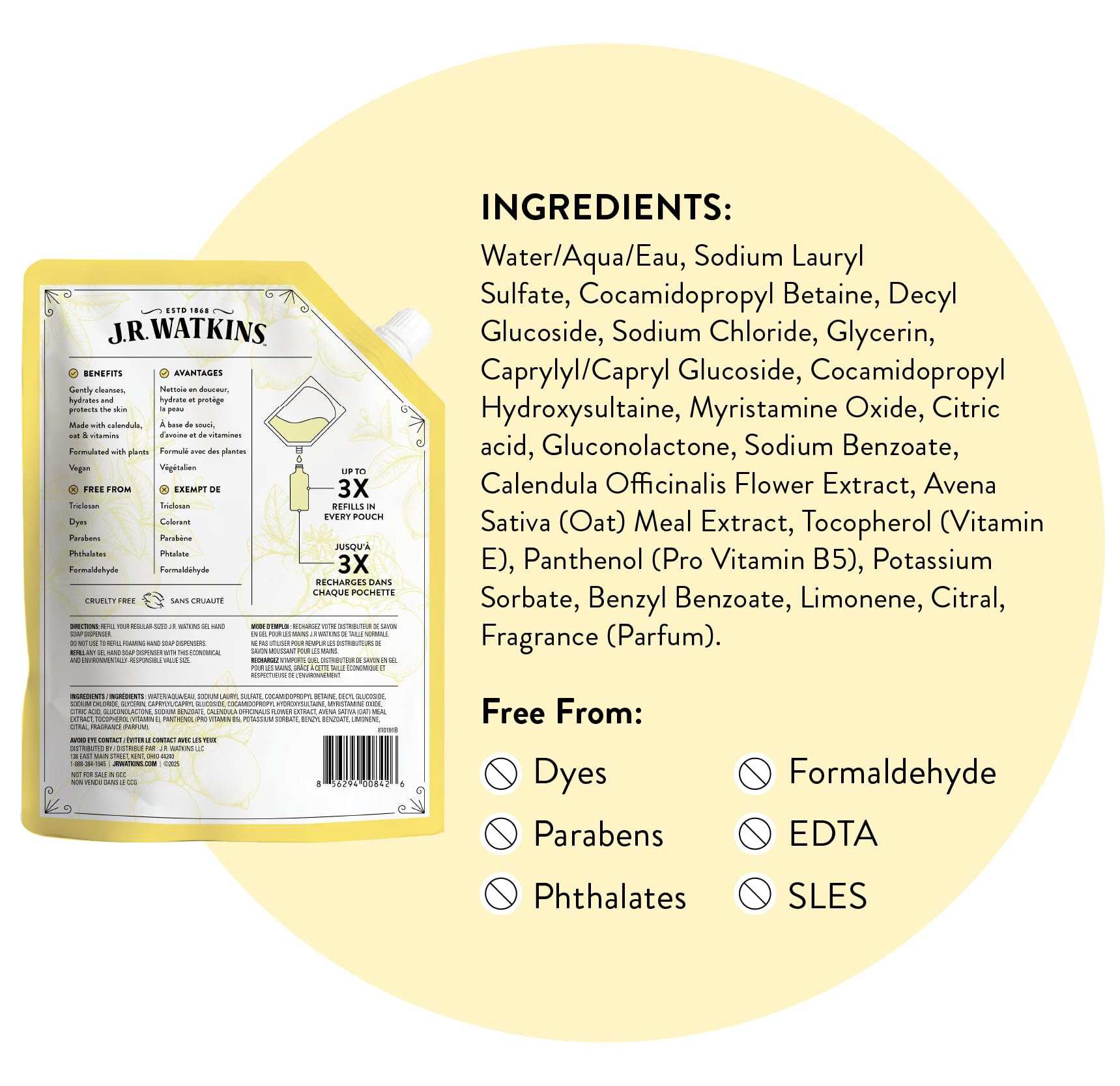 J.R. Watkins Gel Hand Soap Refill, Moisturizing Hand Wash, Formulated with Plant-Based Cleansers, Alcohol-Free, Cruelty-Free, Aloe & Green Tea, 34 Fl Oz, 2 Pack