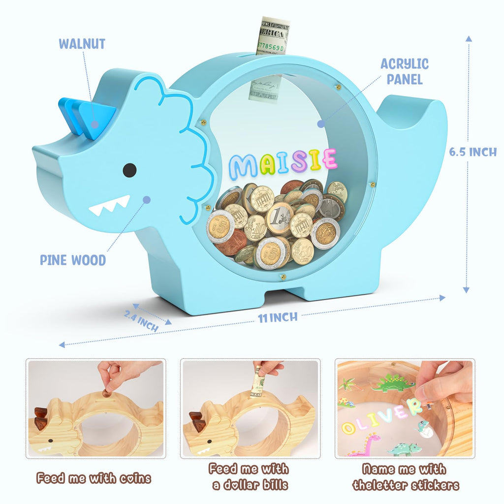 Summidate Wooden Dinosaur Piggy Bank for Kids Boys, Cute Wood Dino Money Bank for Toddlers, Creative Saving Coin Jar, Personalized Present for Child Birthday & Decor (Brachiosaurus, Custom)