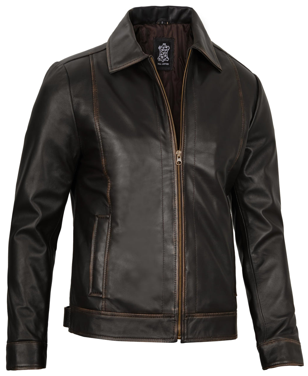 Decrum Vintage Style Mens Leather Jacket - Real Lambskin Classic Shirt Collar Leather Jackets for Men