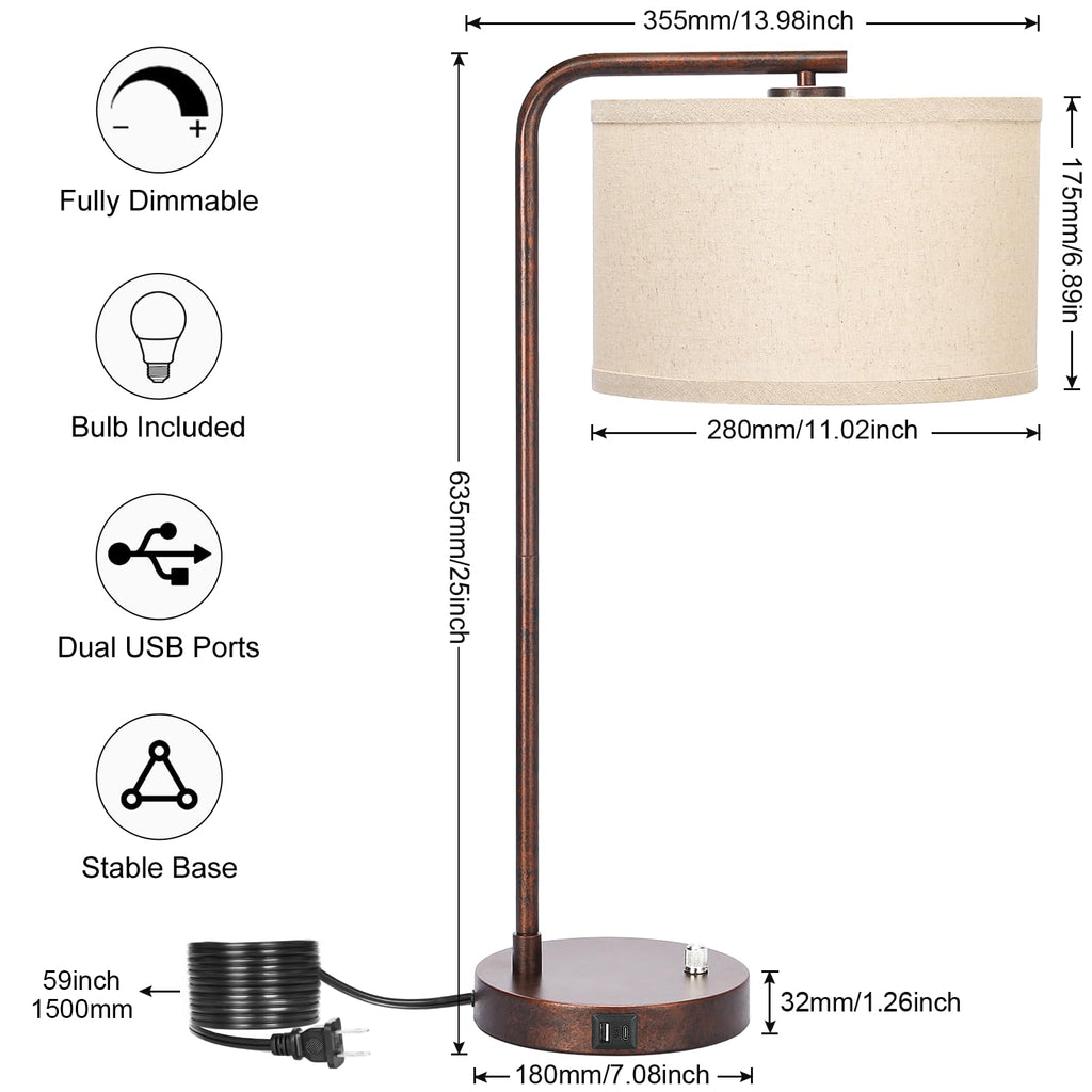 Table Lamps Set of 2, Fully Dimmable Bedside Lamp with USB C+A Charging Ports, Modern Nightstand Lamps with Linen Fabric Shades, Tall Desk Lamp for Bedroom, Living Room, Office, LED Bulb Included