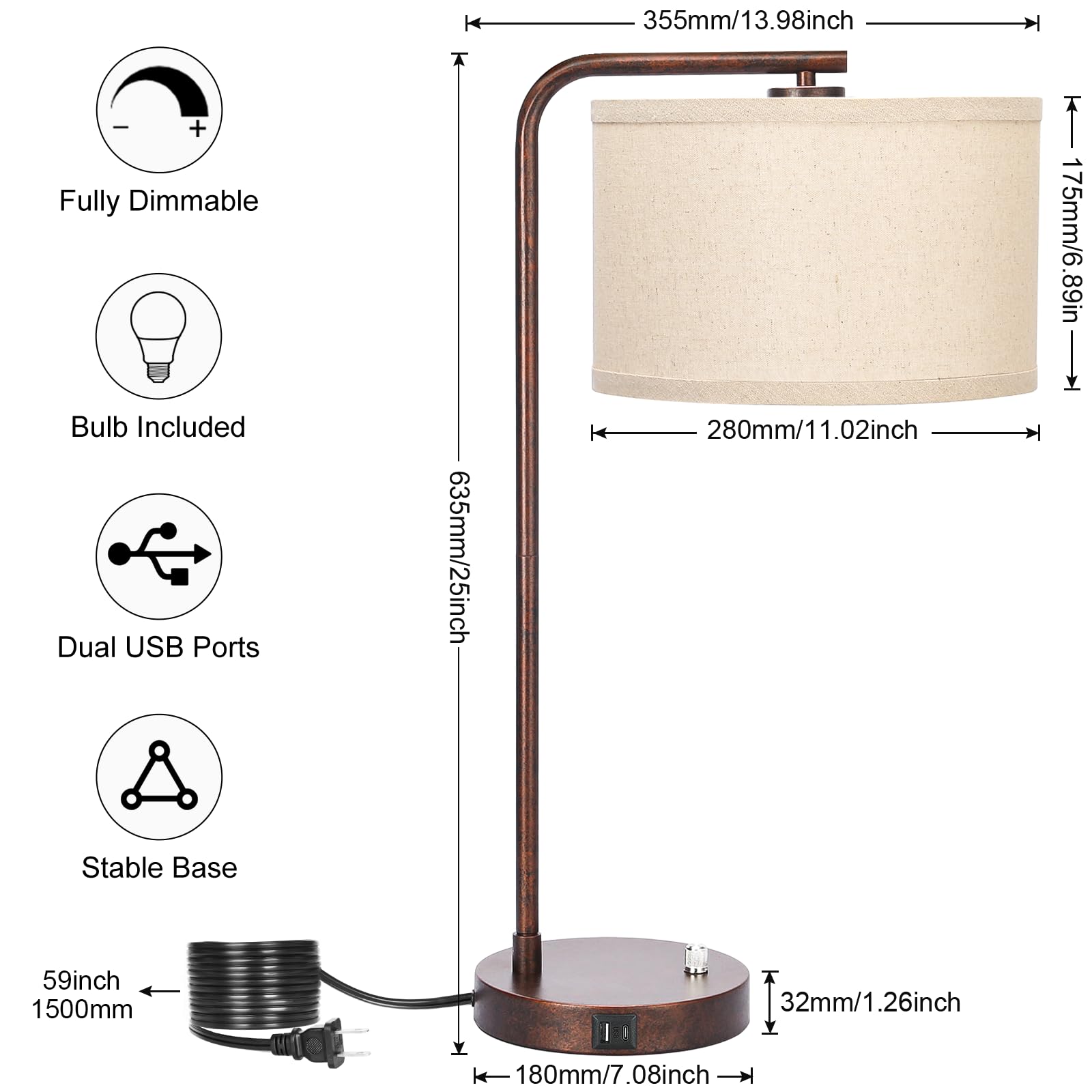 Table Lamps Set of 2, Fully Dimmable Bedside Lamp with USB C+A Charging Ports, Modern Nightstand Lamps with Linen Fabric Shades, Tall Desk Lamp for Bedroom, Living Room, Office, LED Bulb Included