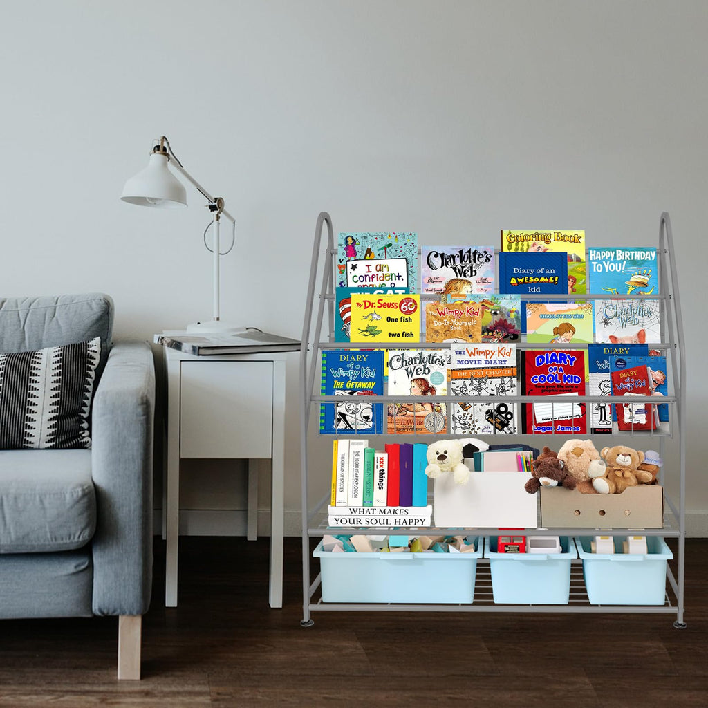 aboxoo Metal Kids Bookshelf Black Large Freestanding for Children Room 32 in Toy Organizer Large Stable Bookcase Bookstore Library Book Unit Storage Kids Bed Living Room