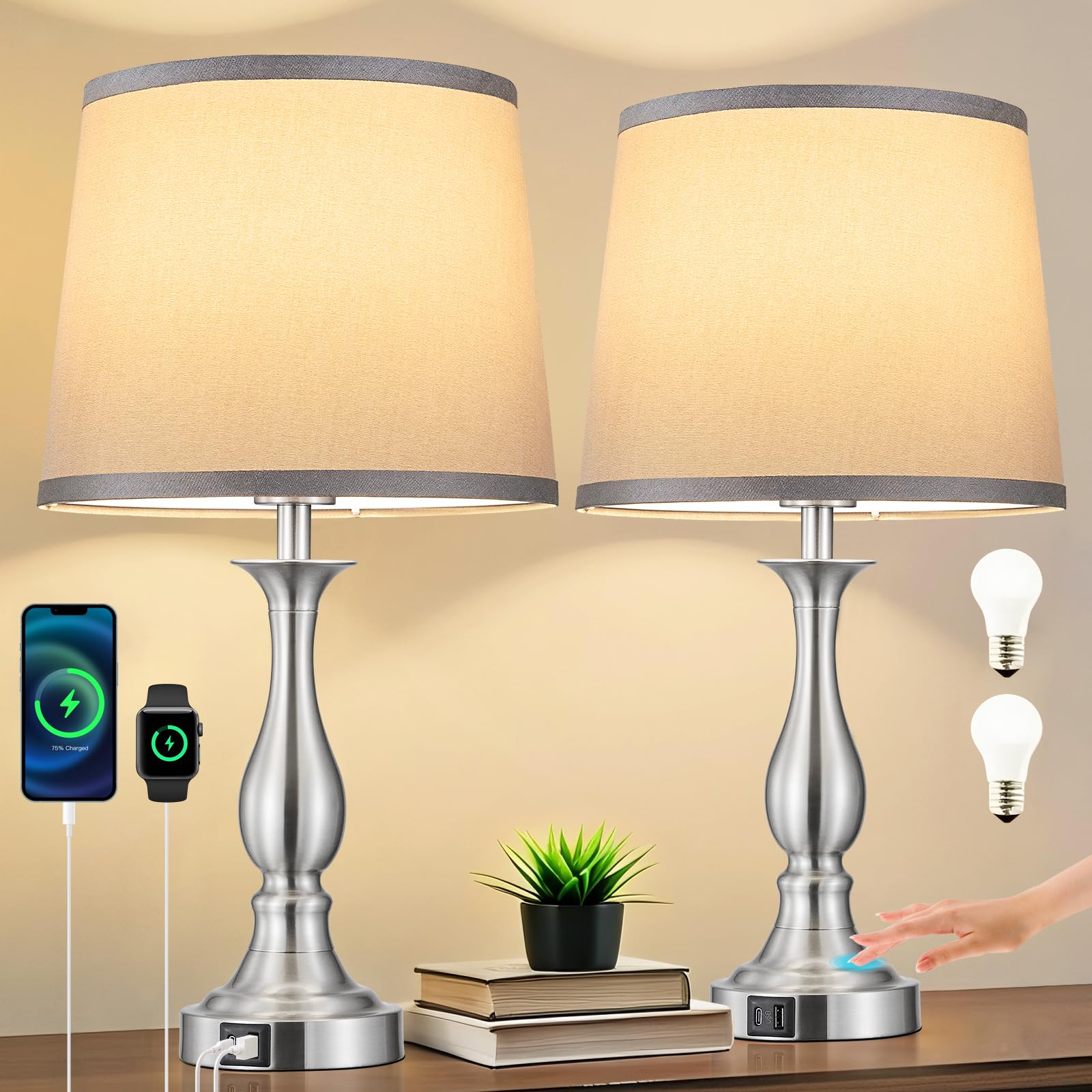 Bedside Table Lamp Touch Control Bedroom Lamps with USB A and C Charging Port 3 Way Dimmable Touch Lamps for Nightstand Living Room Bedroom Dorm Home Office Reading, Set of 2