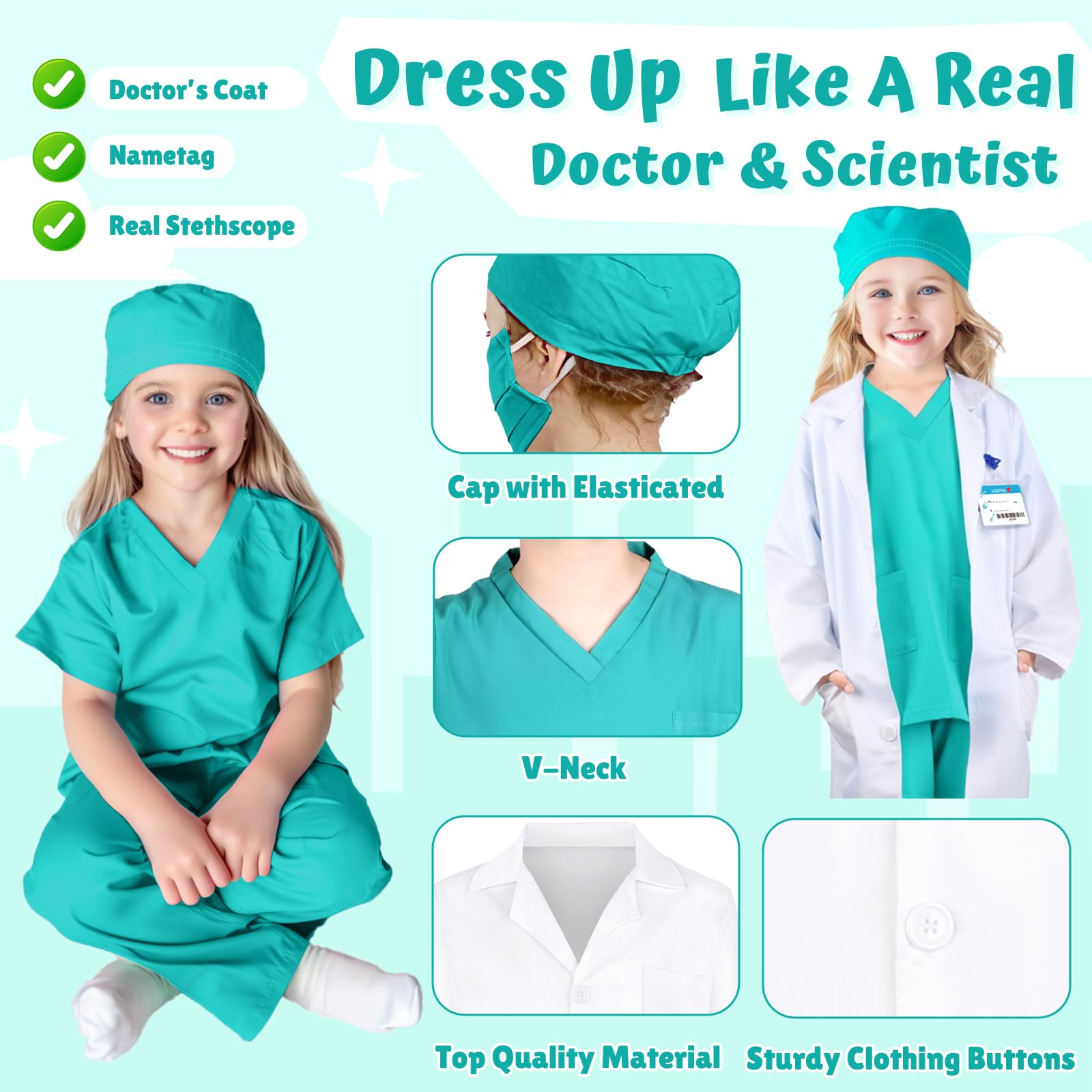YADIYA Doctor Costume for Kids Scrubs Real Stethoscope Lab Coat Halloween Costumes Career Day Costume For Kids Girls 3-12