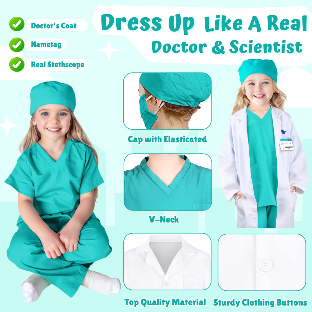 YADIYA Doctor Costume for Kids Scrubs Real Stethoscope Lab Coat Halloween Costumes Career Day Costume For Kids Girls 3-12