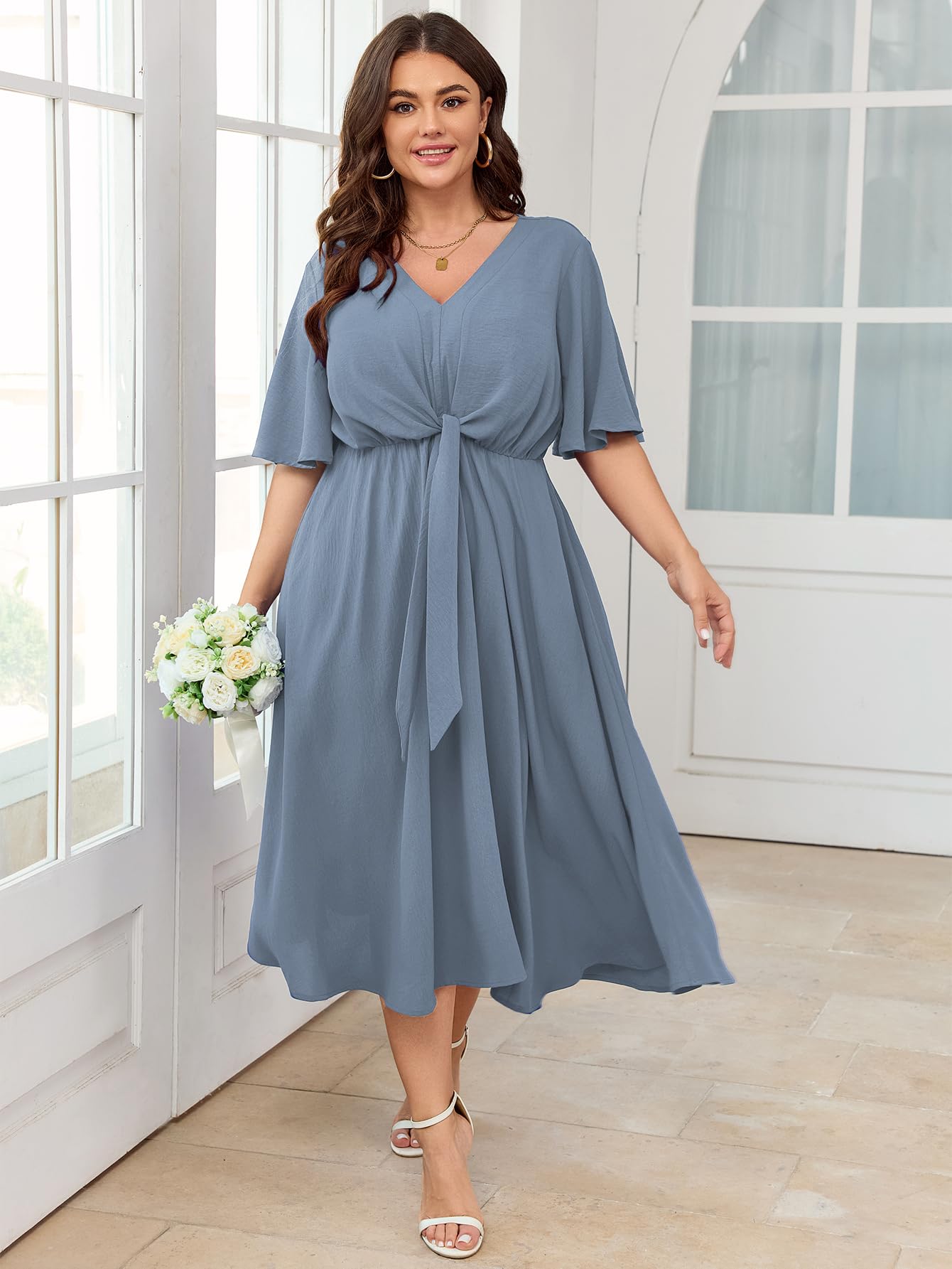 SCOMCHIC Women Plus Size Midi Dresses Wedding Guest Short Sleeve V Neck Tie Waist Casual Summer Flowy A Line Dress