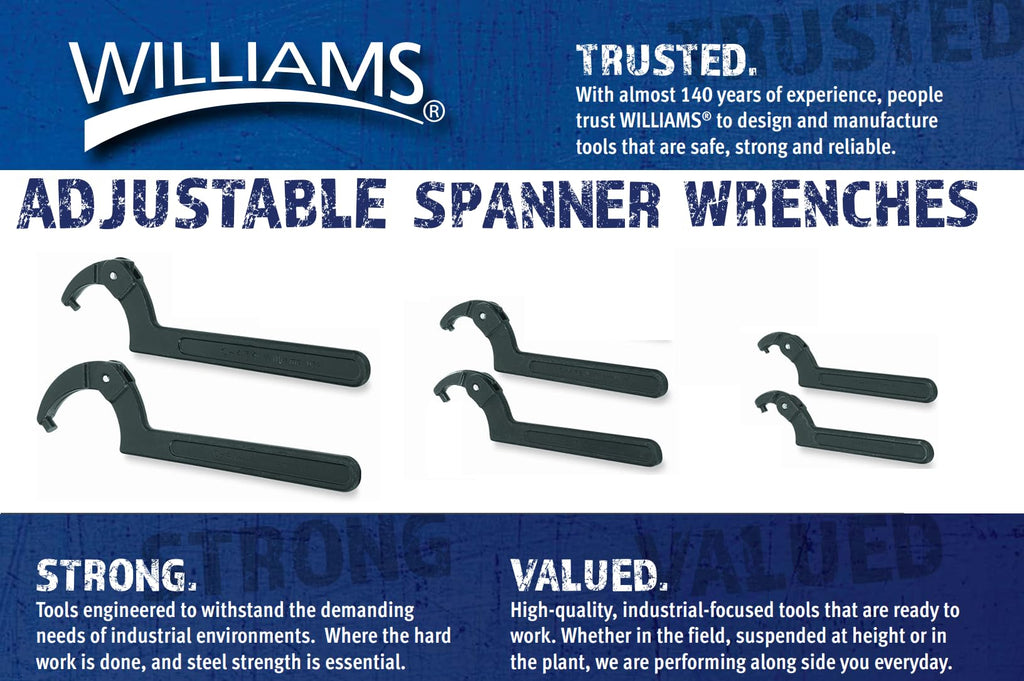Williams JHW472 Adjustable Hook Spanner Wrench with Span Diameter of 1-1/4 to 3-Inch, Ideal for Adjusting Collars, Lock Nut Rings, and Bearings