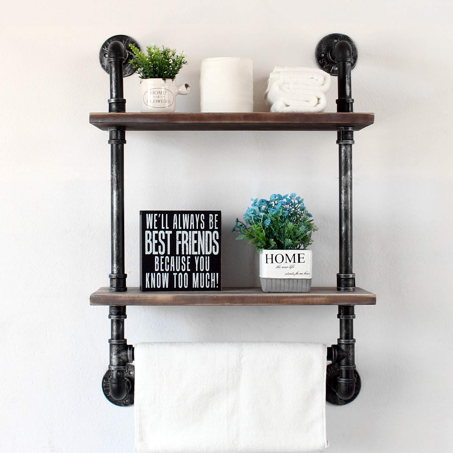 MBQQ Industrial Pipe Shelf Bathroom Shelves Wall Mounted,19.6in Rustic Wood Shelf with Towel Bar,1 Tier Farmhouse Towel Rack,Pipe Shelving Floating Shelves Towel Holder,Black & White