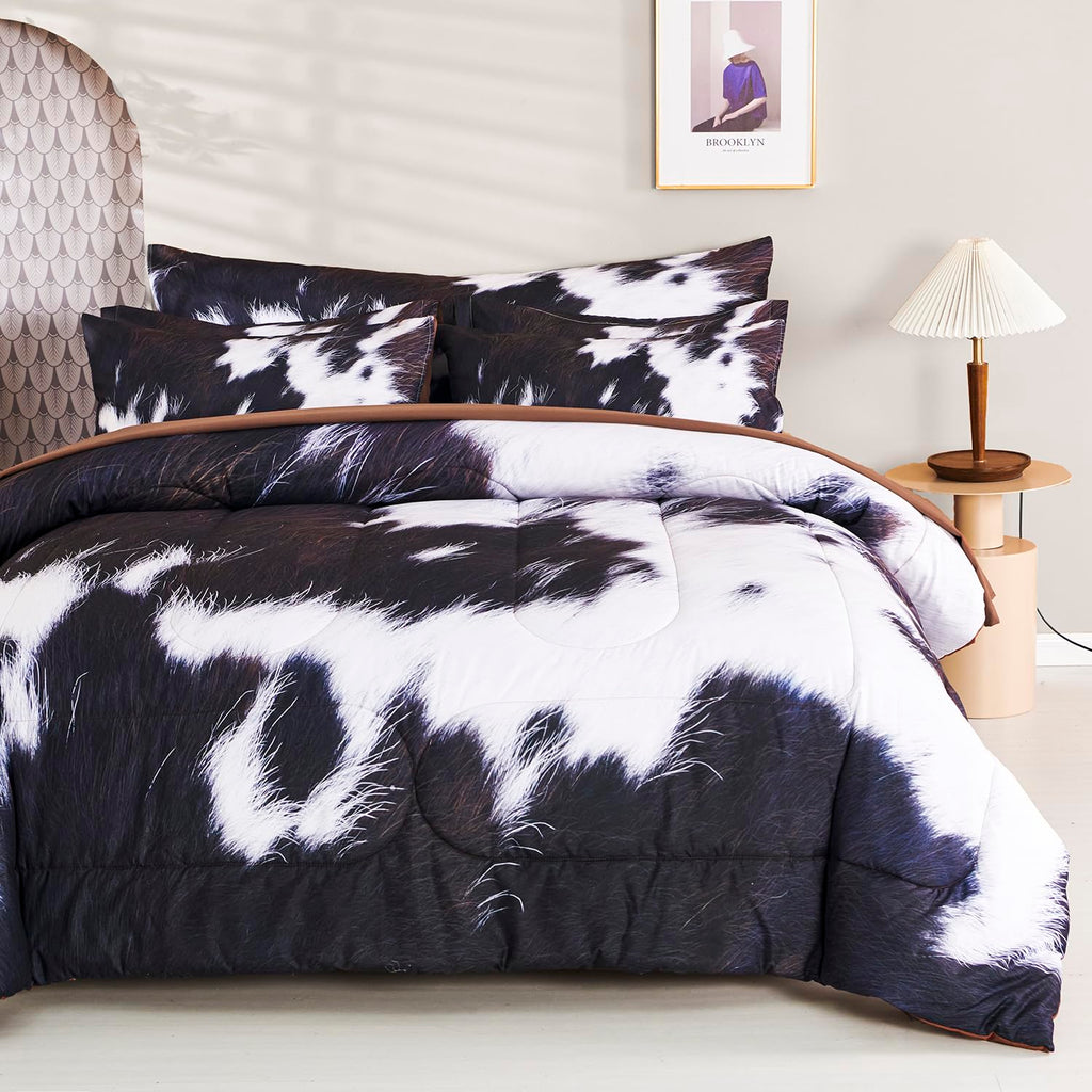 SUCSES Full Size Comforter Set with Sheets 8 Piece Cow Print Bedding Set for Boys Girls Black and White Kids Bed-in-A-Bag Farmhouse Rustic Bed Set for Bedroom (Milk Cow, Full)