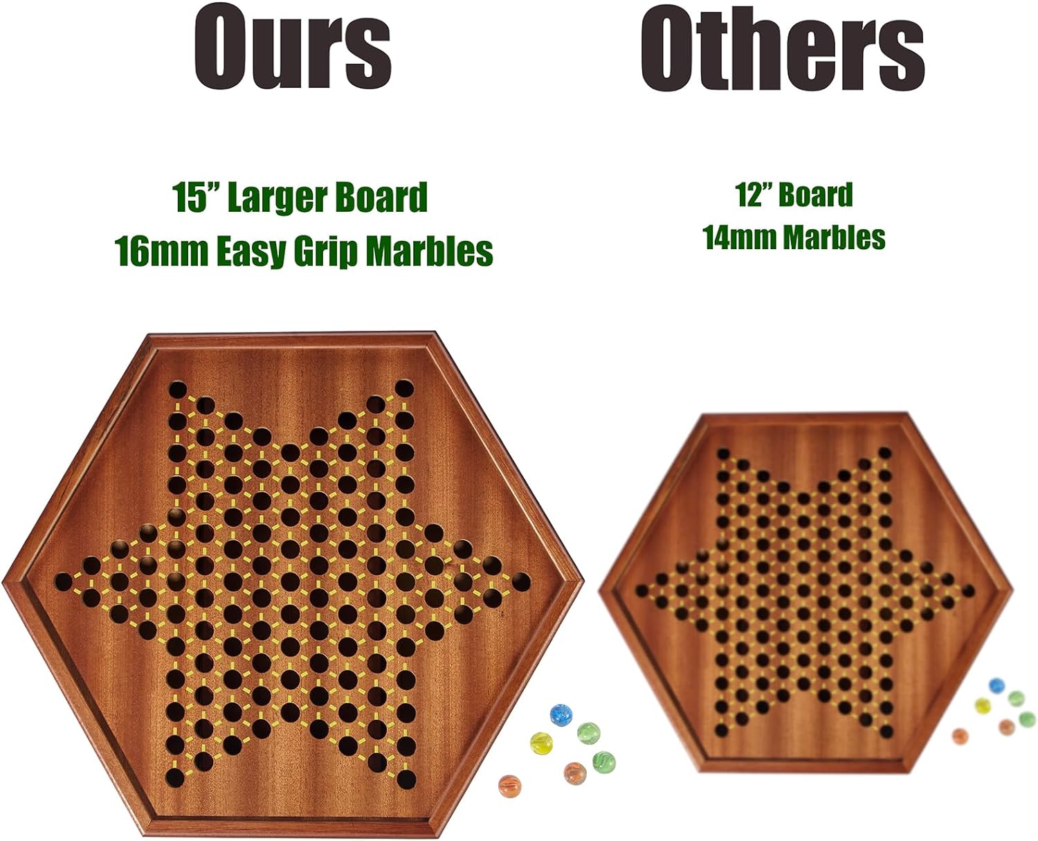 VAMSLOVE Chinese Checkers 15" Large Upgraded Version Wooden Game Board, 16mm 60+12 Colorful Glass Marbles, Easy Grasping for Adults and Kids, w/Storage Drawer, Fun for Family Gathering