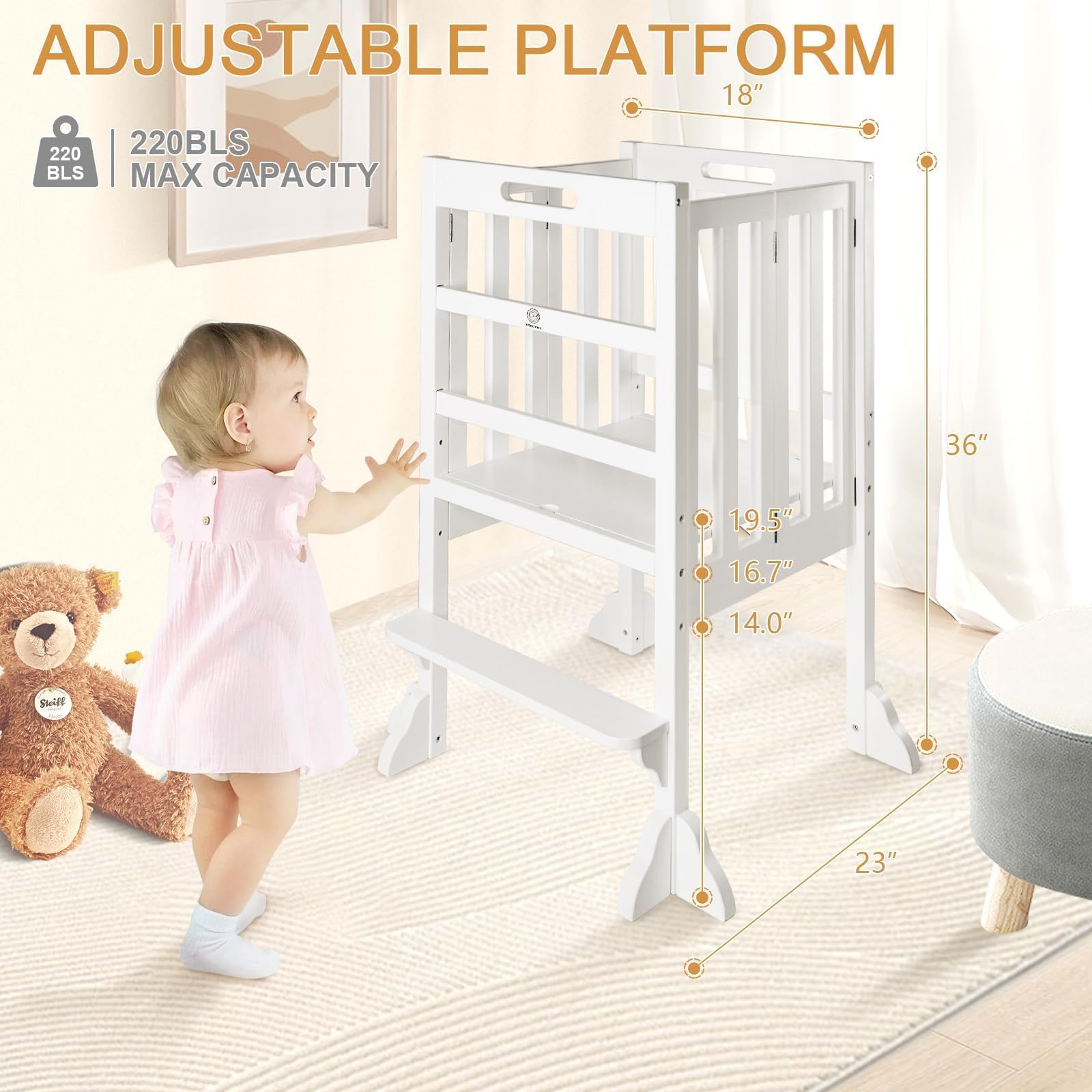 Foldable Toddler Learning Standing Tower, WOOD CITY Montessori Kitchen Step Stool Ideal Helper with 3 Adjustable Heights for Learning New Skills(Natural)