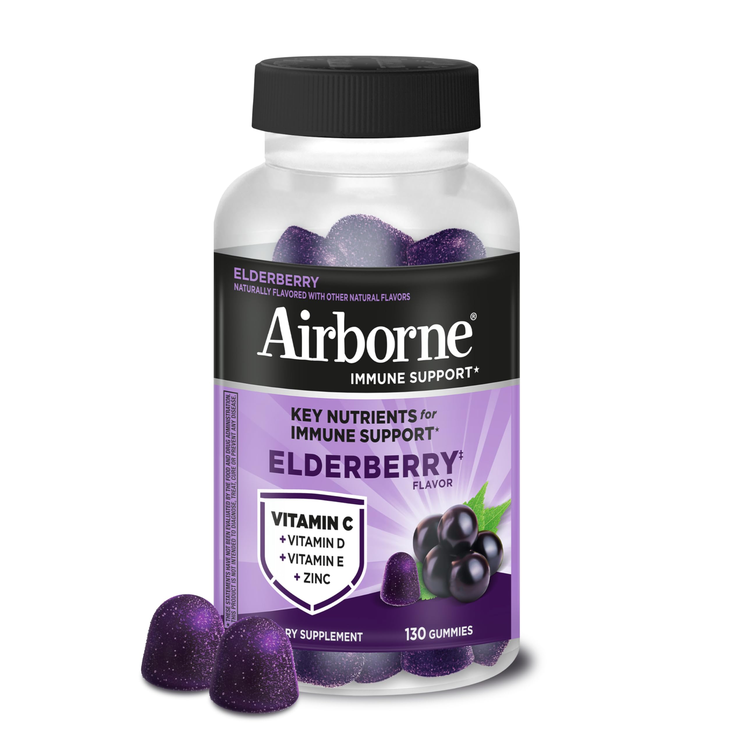 Airborne Elderberry + Zinc & Vitamin C Gummies For Adults, Immune Support Vitamin D & Zinc Gummies With Powerful Antioxidant Vitamins C D & E - 50 Gummies, Elderberry Flavor