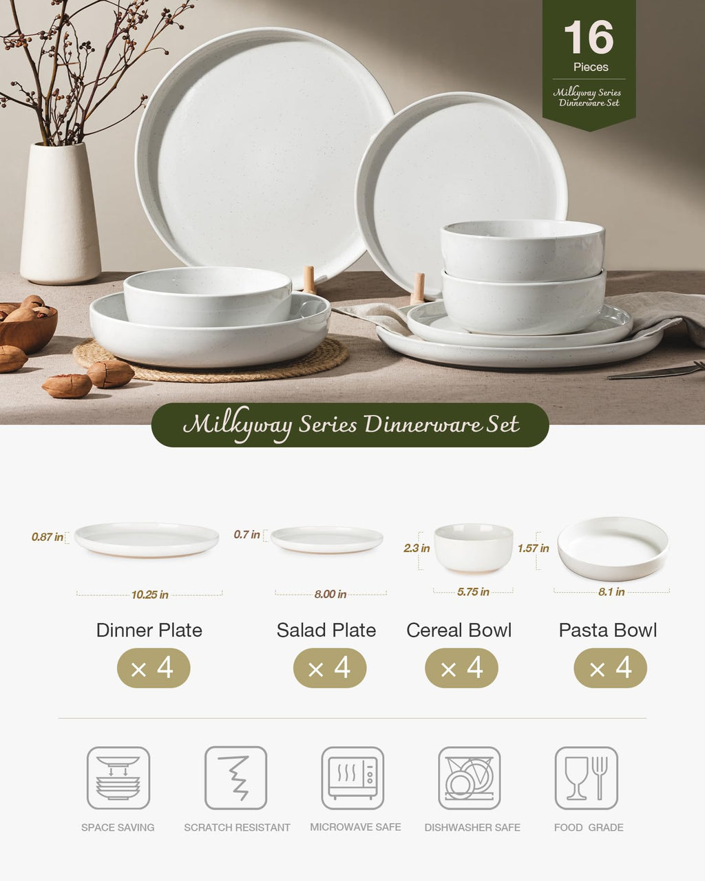 Famiware Pluto Stoneware Dinnerware Sets, 12-Piece Double Reactive Glaze Plates and Bowls Sets, Dishware Sets for Everyday & Formal Dining, Irregular Edge Dishes, Service for 4, Matte Beige White