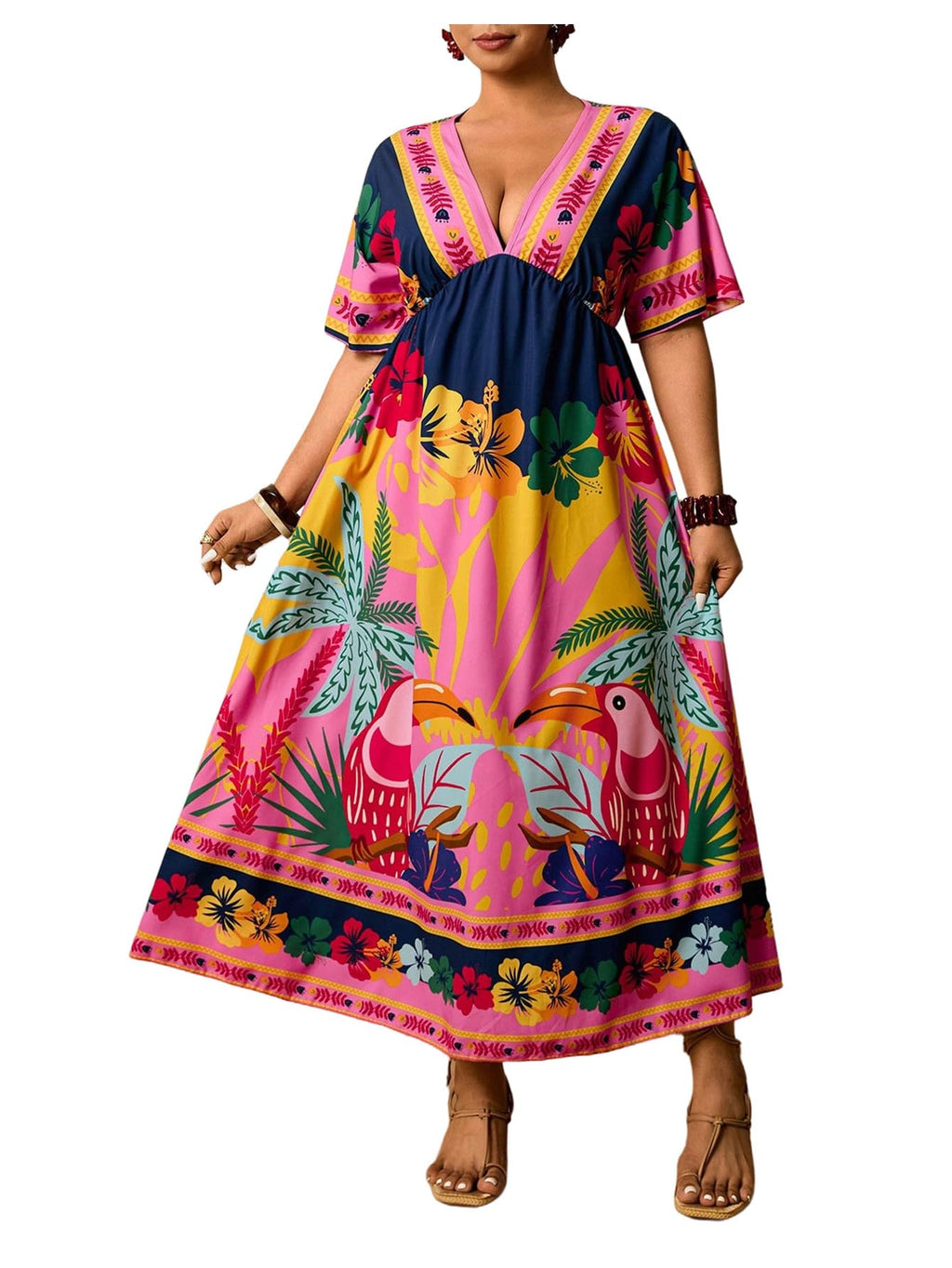 Floerns Women's Plus Size Boho Hawaiian Tropical Dresses V Neck Short Sleeve Floral A Line Long Dress Vacation Beach Outfits
