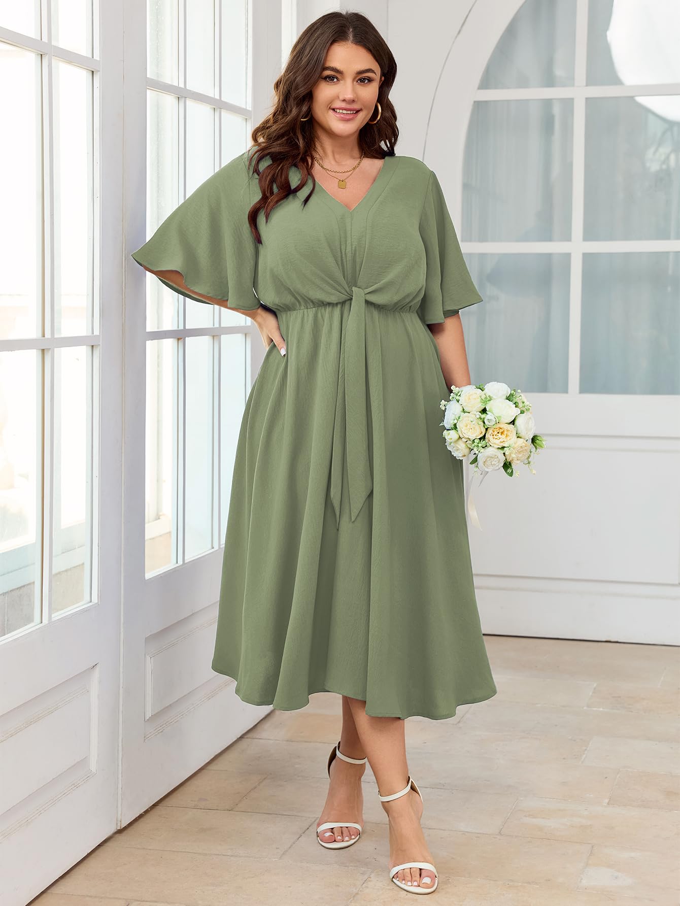 SCOMCHIC Women Plus Size Midi Dresses Wedding Guest Short Sleeve V Neck Tie Waist Casual Summer Flowy A Line Dress