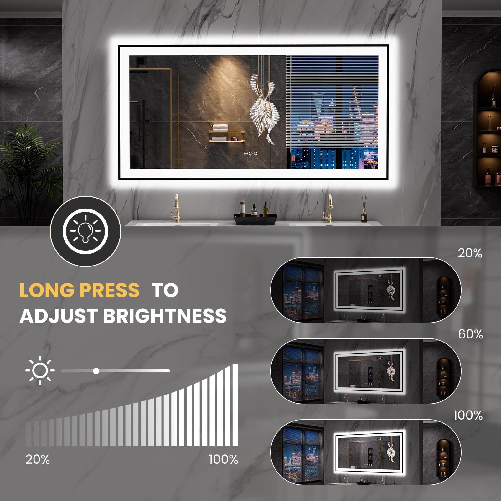 LOAAO 20"X28" LED Bathroom Mirror Black Framed | Anti-Fog, Dimmable, Memory Function, Tempered Glass, Lighted Vanity Mirror for Wall