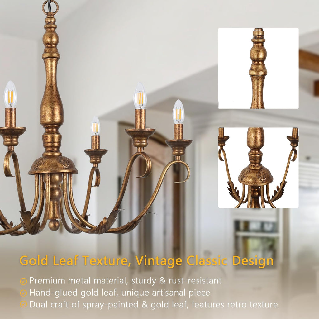 6-Light Farmhouse Chandeliers for Dining Room, 23.62'' Vintage Brass Gold Chandelier, Adjustable Rustic Metal Hanging Pendant Light Fixture for Kitchen Island Entryway Foyer Bedroom Hallway
