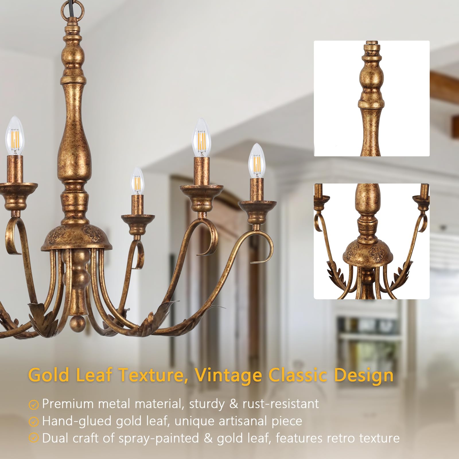 6-Light Farmhouse Chandeliers for Dining Room, 23.62'' Vintage Brass Gold Chandelier, Adjustable Rustic Metal Hanging Pendant Light Fixture for Kitchen Island Entryway Foyer Bedroom Hallway