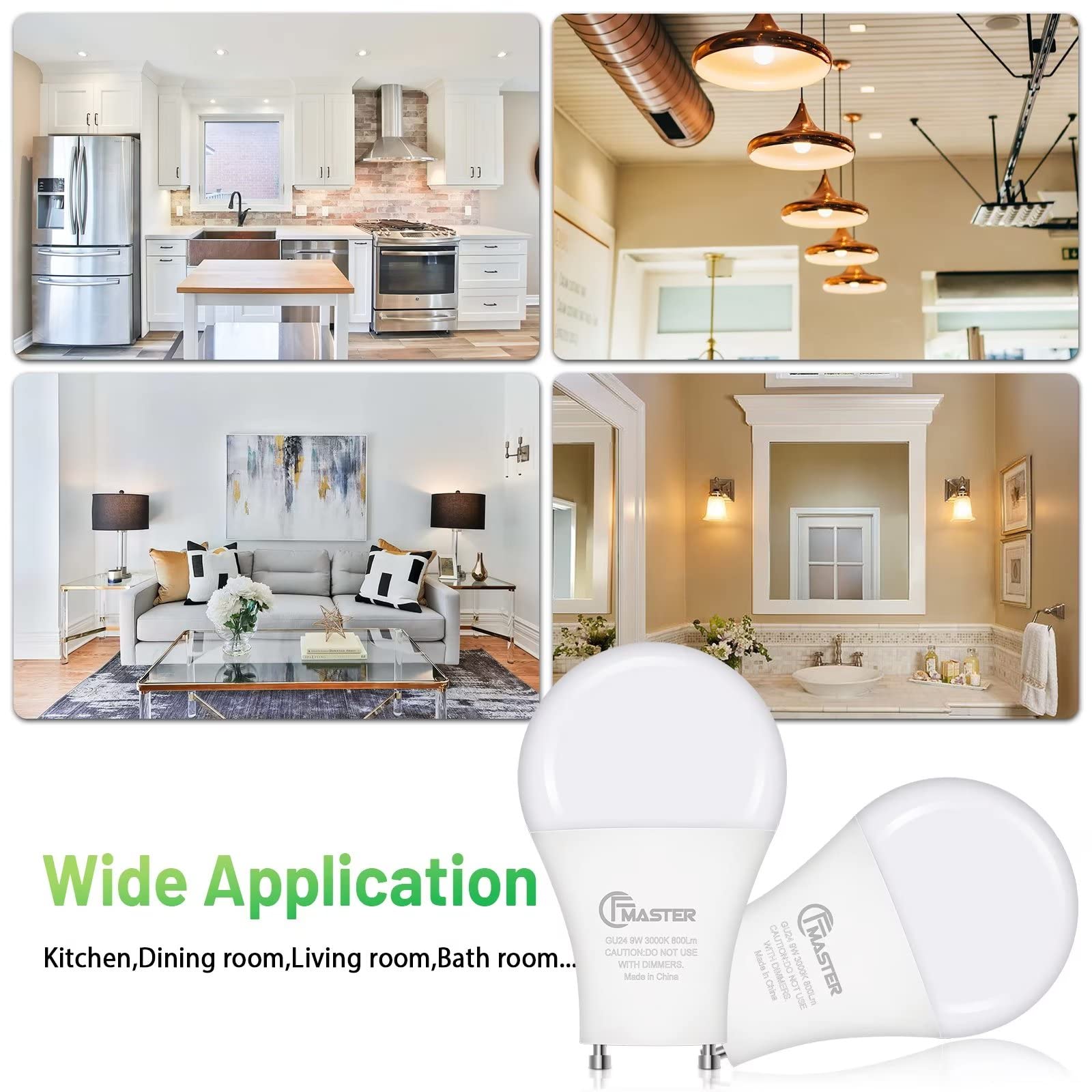 GU24 LED Llight Bulb, 3000K Warm White, 9W(100W Equivalent), 800 Lumens, A19 Shape GU24 LED Bulbs, Twist and Lock GU24 Pin Base with Two Prongs, Non-Dimmable(4-Pack)