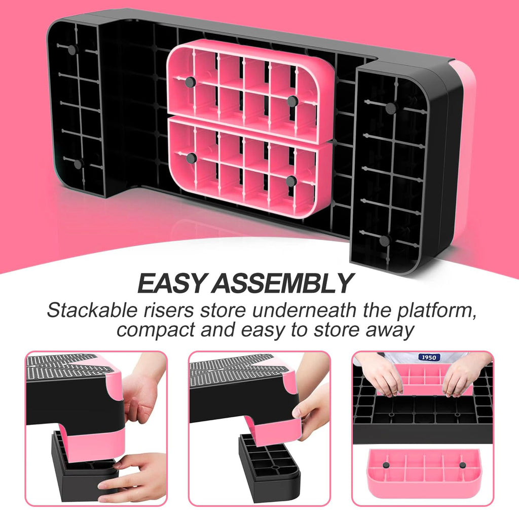 Aerobic Exercise Step, Adjustable Aerobic Stepper for Exercise, Workout Step Platform, Step Up Box, 26.5" Step Deck with 4” 6” 8” Adjustable Height Risers, Women Home Gym Fitness