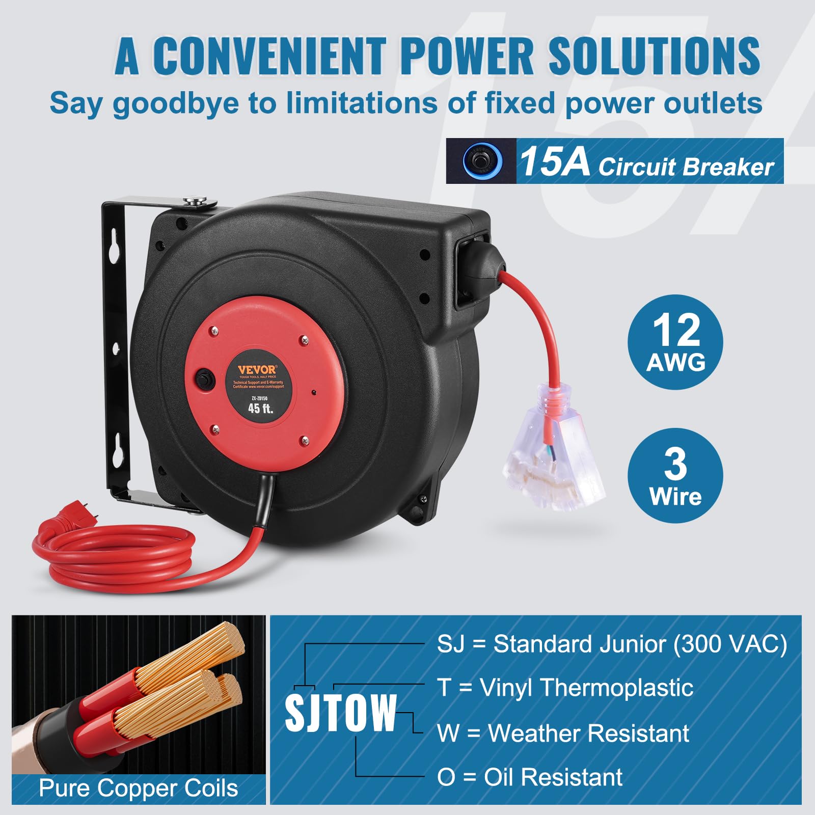 VEVOR Retractable Extension Cord Reel, 30 FT, Heavy Duty 16AWG/3C SJTOW Retractable Power Cord Reel with Lighted Triple Tap Outlet 10 Amp Circuit Breaker 4.5FT Lead-in Cord, for Ceiling or Wall Mount
