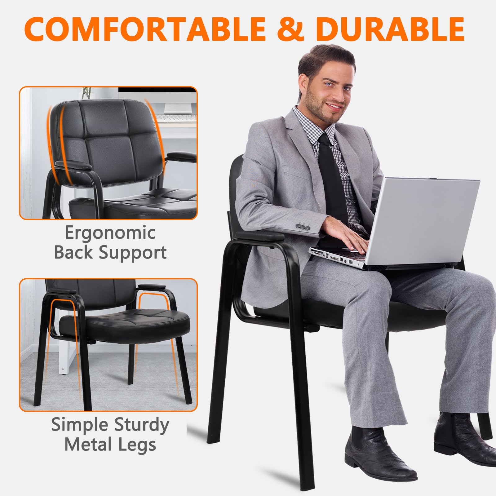 CLATINA Big & Tall 500 lbs Leather Office Reception Chair No Wheels with Padded Arms, Waiting Room Guest Chair for Elderly Home Desk Conference Room Lobby Side Salon Clinic, Black