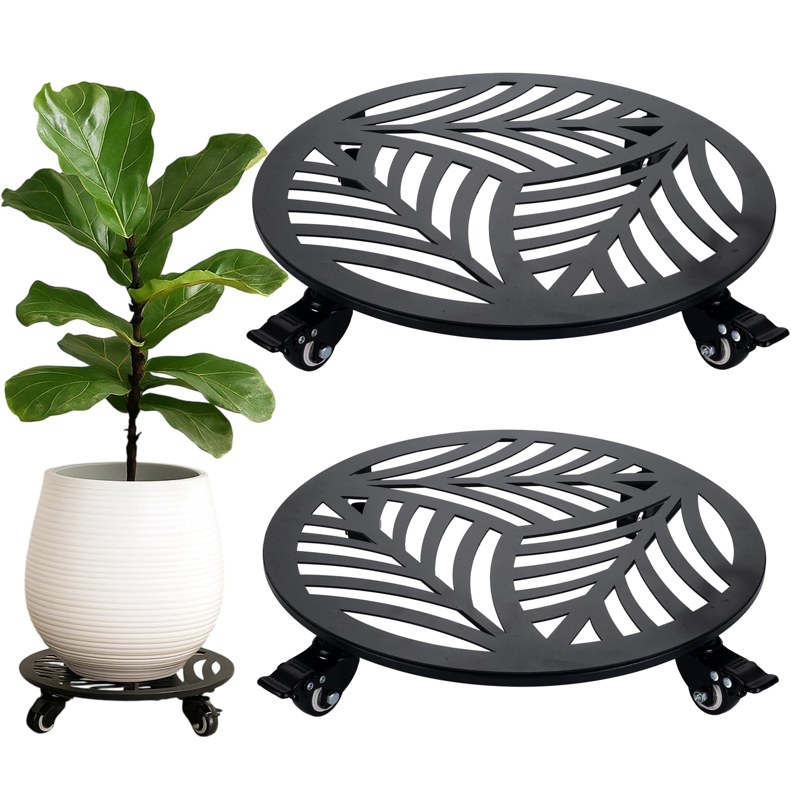 1 Pack 12 inches Large Metal Plant Caddy with 3 PU Metal Wheels Rolling Plant Stand with Casters Indoor Outdoor Wheeled Planter Roller Base Pot Movers Plant Dolly Coaster Trolley Black