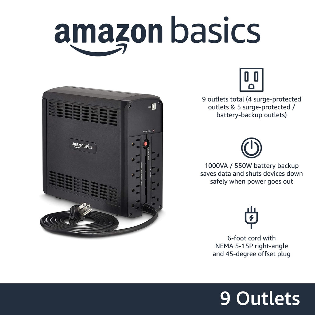 Amazon Basics UPS Battery Backup & Surge Protector, 400VA/255W, 6 Outlets, Uninterruptible Power Supply, Small Compact Size, Black