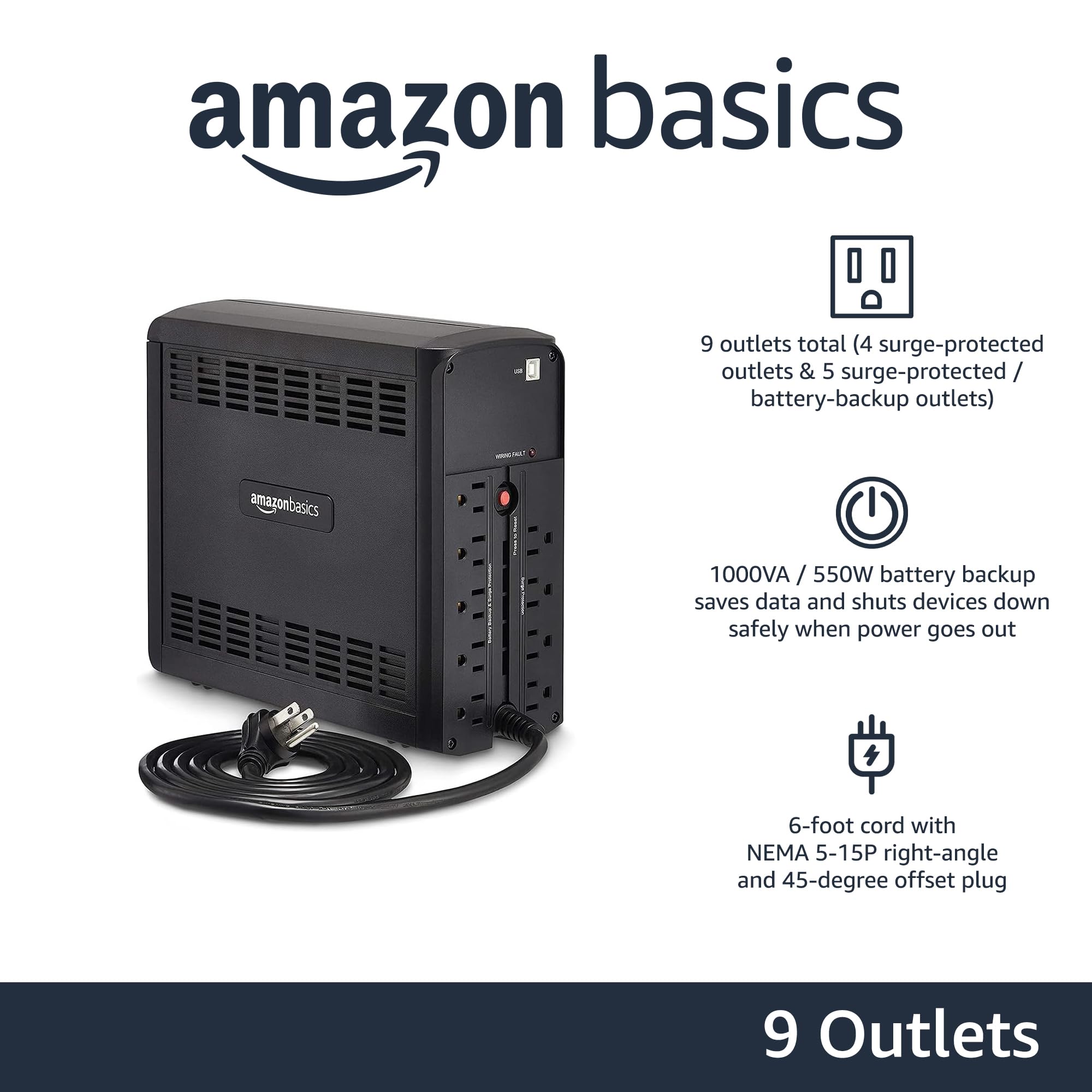 Amazon Basics UPS Battery Backup & Surge Protector, 400VA/255W, 6 Outlets, Uninterruptible Power Supply, Small Compact Size, Black