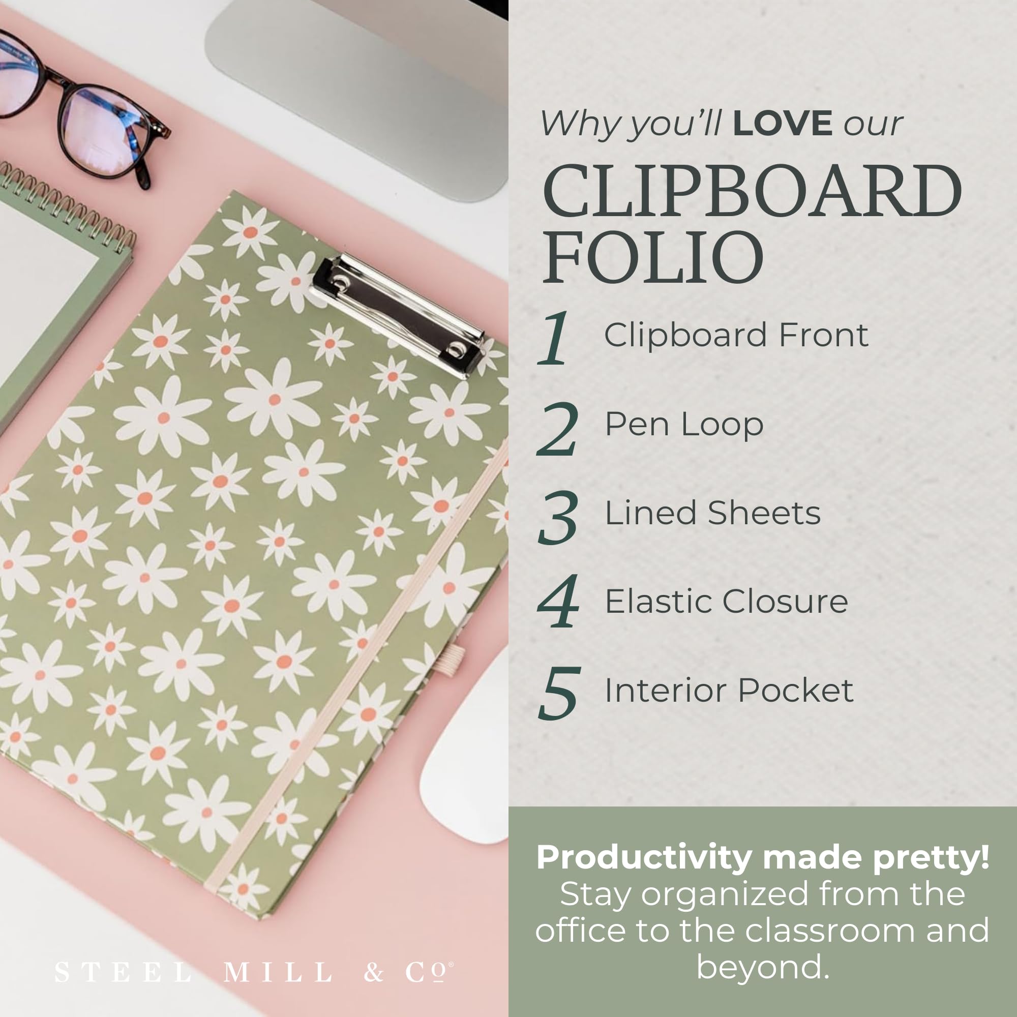 Steel Mill & Co Cute Clipboard Folio with Refillable Lined Notepad and Interior Storage Pocket, Black and White Padfolio for Work, Black Dots