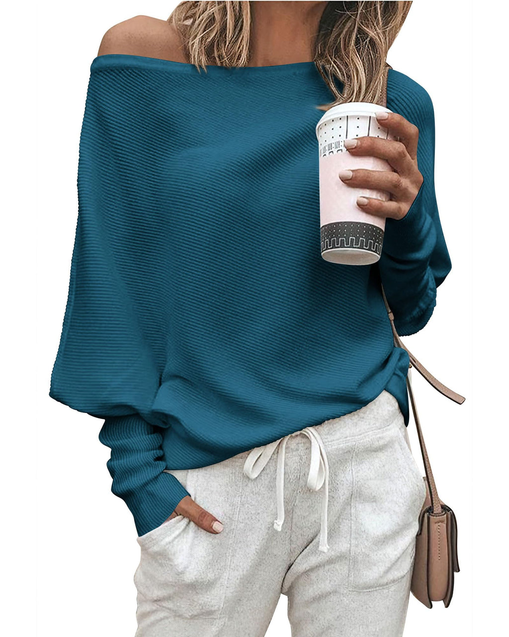 Zenlonr Women's Fall Sweaters 2026 Casual Long Batwing Sleeve Loose Off Shoulder Knit Pullovers Jumper Tops