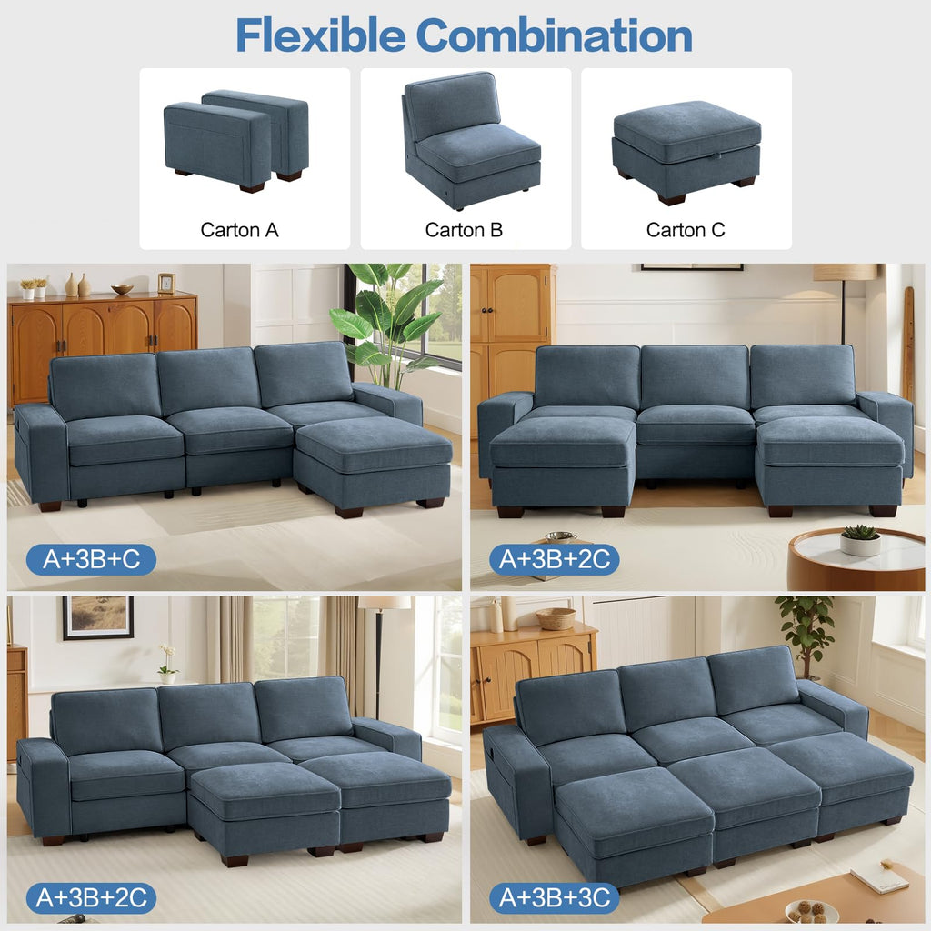 TEKAMON 100" Modular Sectional Sofa with Seats Storage, L Shaped Couch with Movable Ottoman for Living Room, Couch with Chaise, Solid Wood Frame, Spring Cushions, USB Port, Removable Covers, Beige