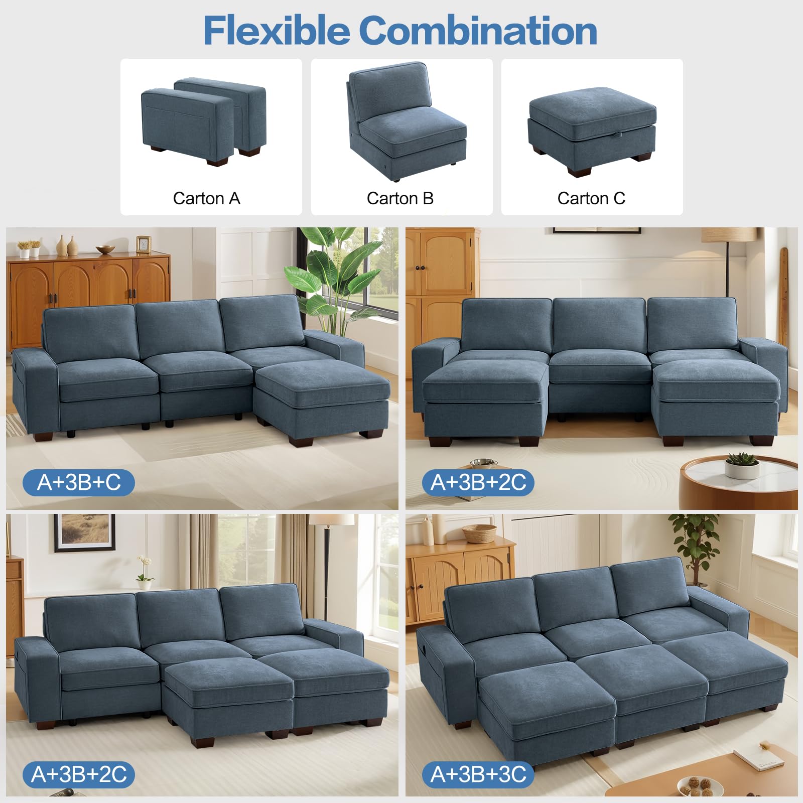 TEKAMON 100" Modular Sectional Sofa with Seats Storage, L Shaped Couch with Movable Ottoman for Living Room, Couch with Chaise, Solid Wood Frame, Spring Cushions, USB Port, Removable Covers, Beige