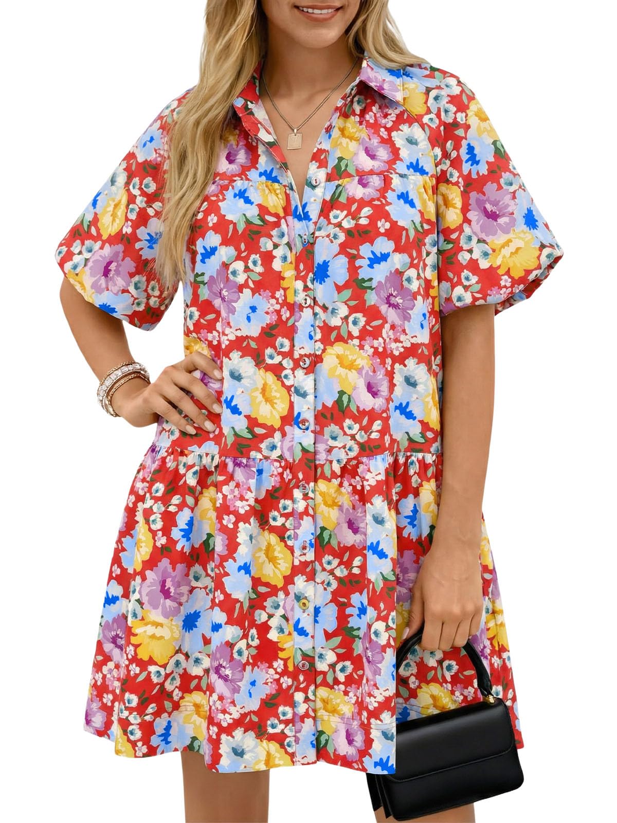 Wenrine Women's Summer Button Down Shirt Dress Floral Puff Short Sleeve Casual Loose Fit Beach Mini Dresses