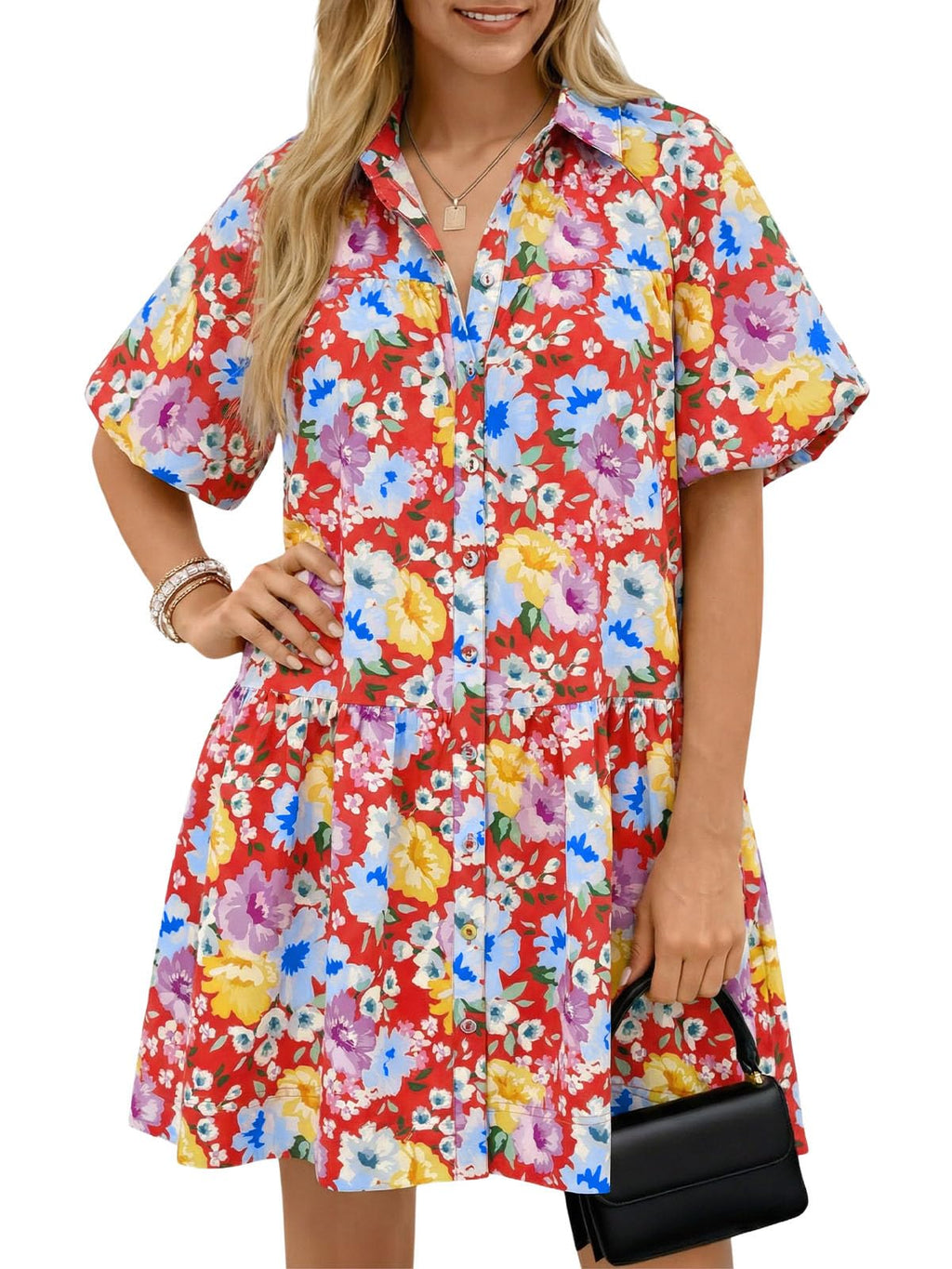 Wenrine Women's Summer Button Down Shirt Dress Floral Puff Short Sleeve Casual Loose Fit Beach Mini Dresses