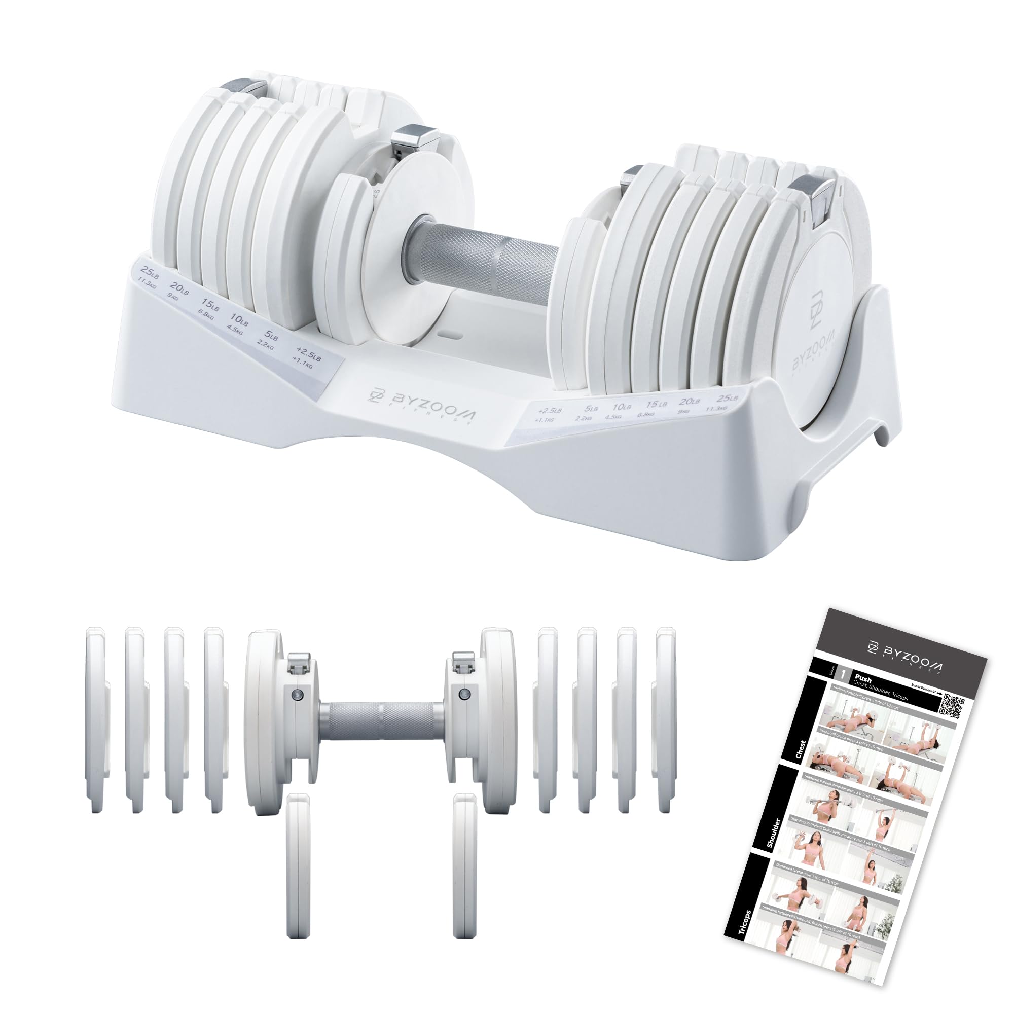 BYZOOM FITNESS Pure Series Adjustable Dumbbell - 12.5/25/27.5/50/55/75lb - ONE UNIT OR PAIR(check QTY before purchase) - 5-in-1/ 10-in-1 / 15-in-1 / 21-in-1 Flexible Hand Weights for Home Apartment Garage Gym, Strength Training & Fitness Workouts, White O