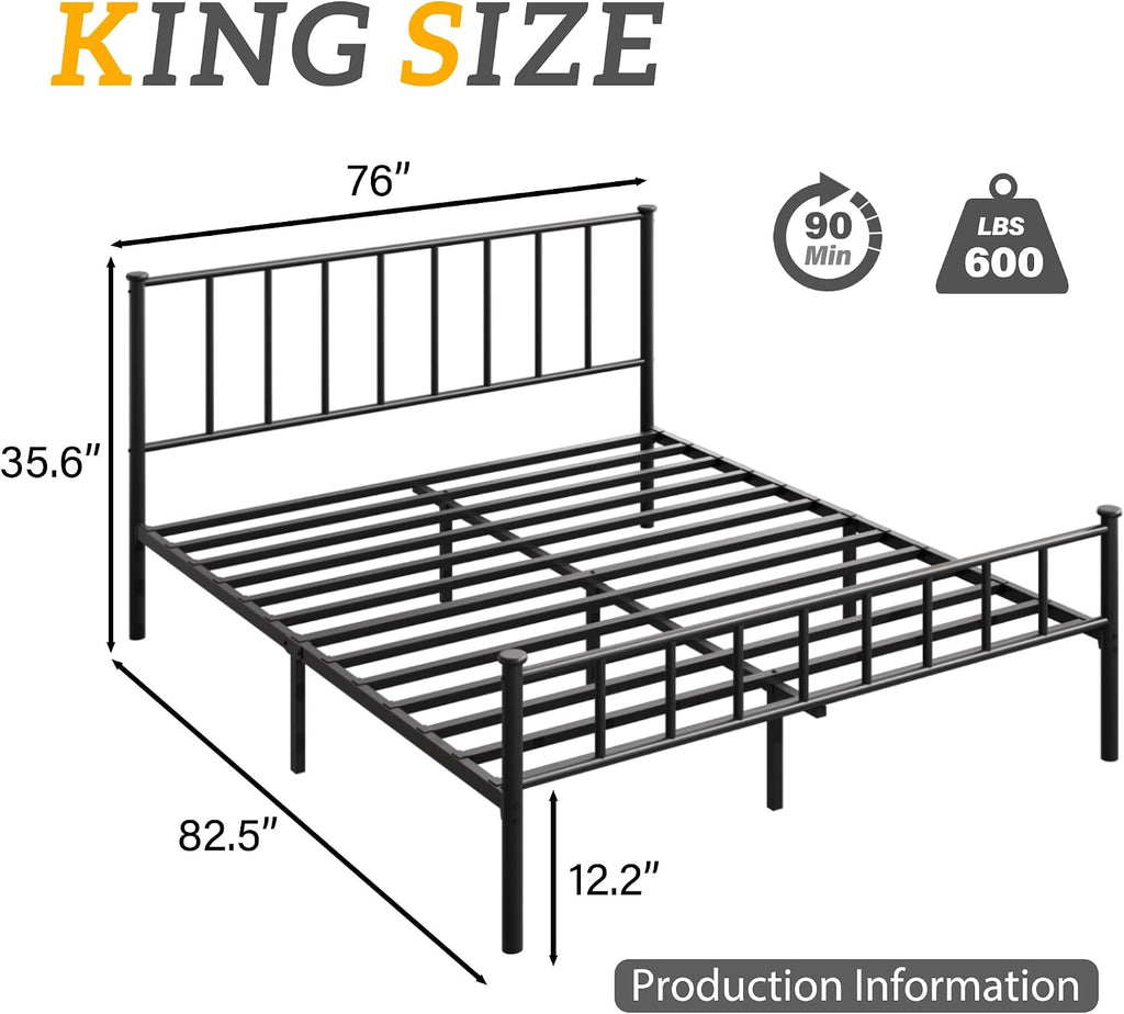 Fluest King Bed Frame with Headboard and Footboard, Metal Platform Bed Frame, All Metal Slats Support, Under Bed Storage, No Box Spring Needed, Noise-Free, Easy Assembly, Black