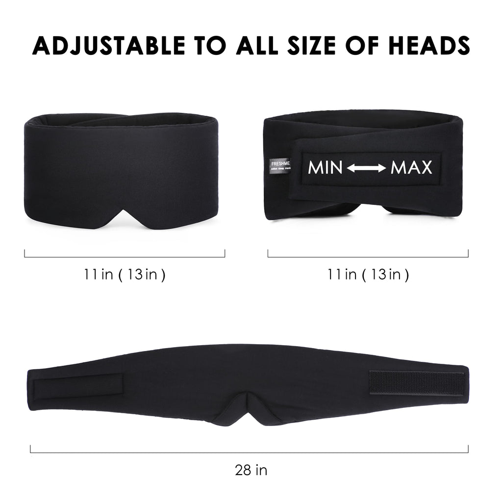 FRESHME Sleep Mask Blackout - Handmade Cotton Sleep Mask for Women Men Eye Mask for Sleeping Black Soft Eye Cover for Sleeping with Adjustable Veclro Breathable Eye Blindfold for Night Nap Travel