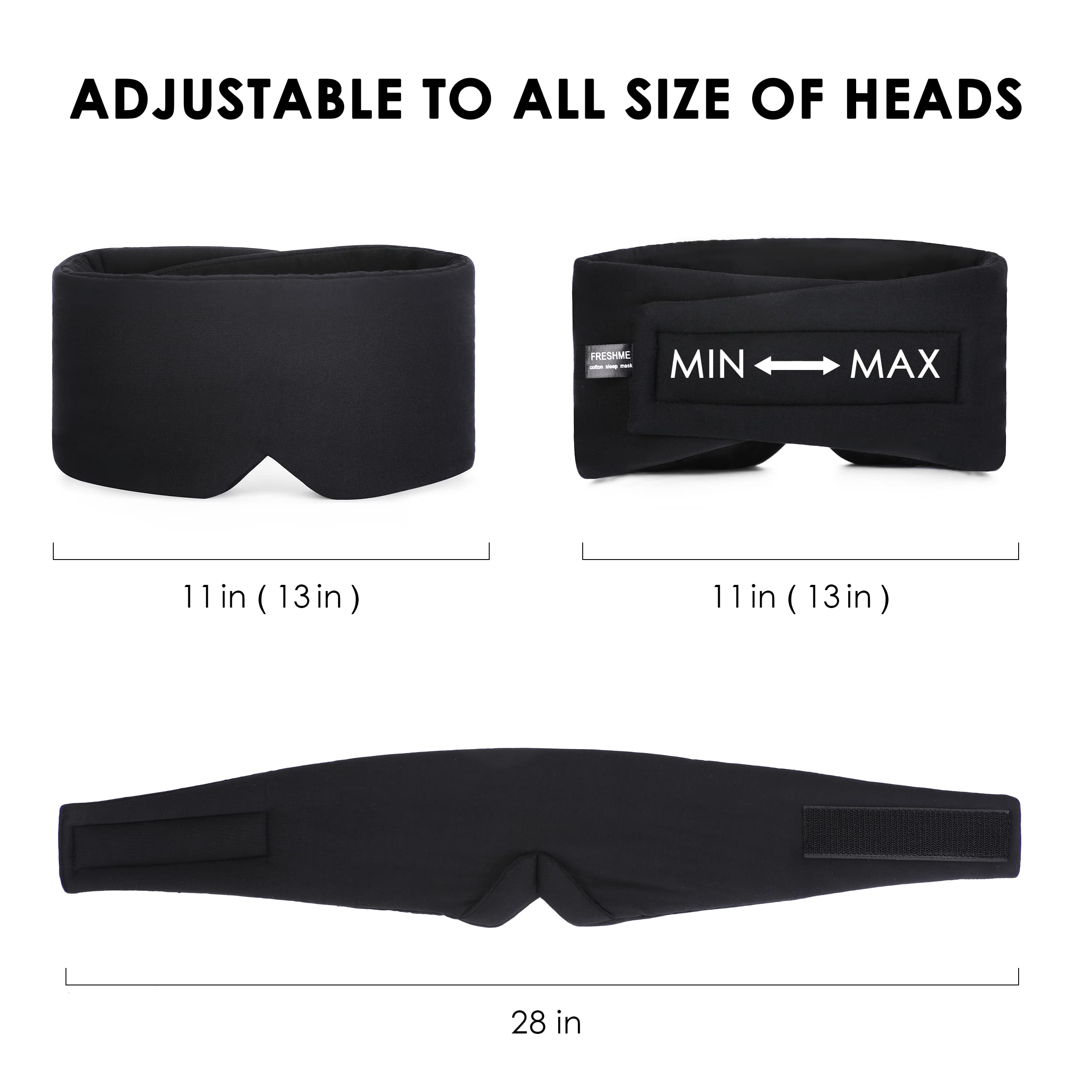 FRESHME Sleep Mask Blackout - Handmade Cotton Sleep Mask for Women Men Eye Mask for Sleeping Black Soft Eye Cover for Sleeping with Adjustable Veclro Breathable Eye Blindfold for Night Nap Travel